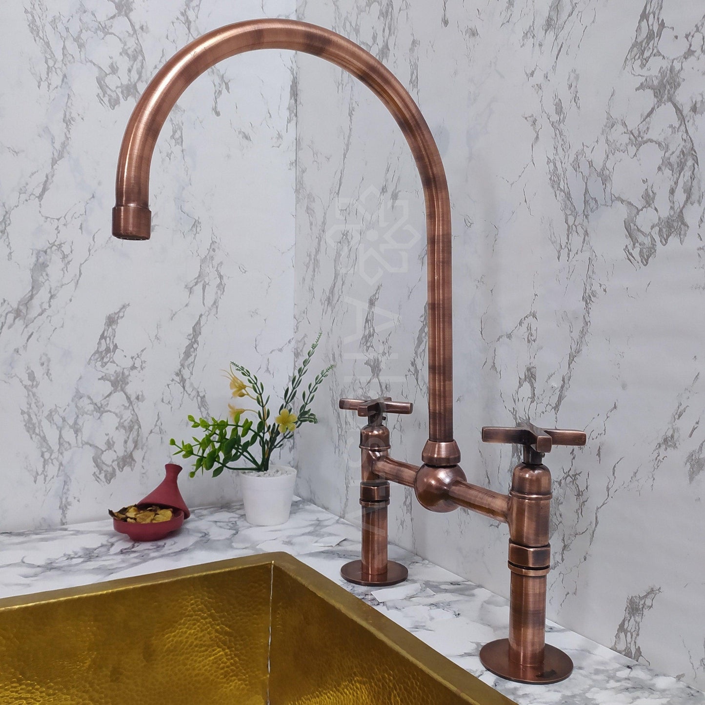 Copper Bridge Faucet | Shiny Copper Tap with Cross Handle | Copper Sprayer & Filtered Water Tap | Copper Antique Faucet | Kitchen Faucet