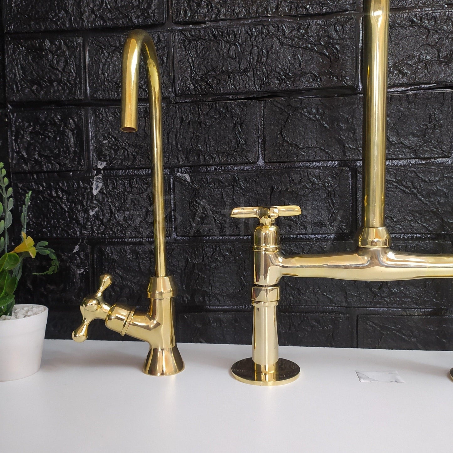 Unlacquered Brass Bridge Kitchen Faucet with Sprayer, Cold Water Tap, and Cross Handles - Ref: APC-96