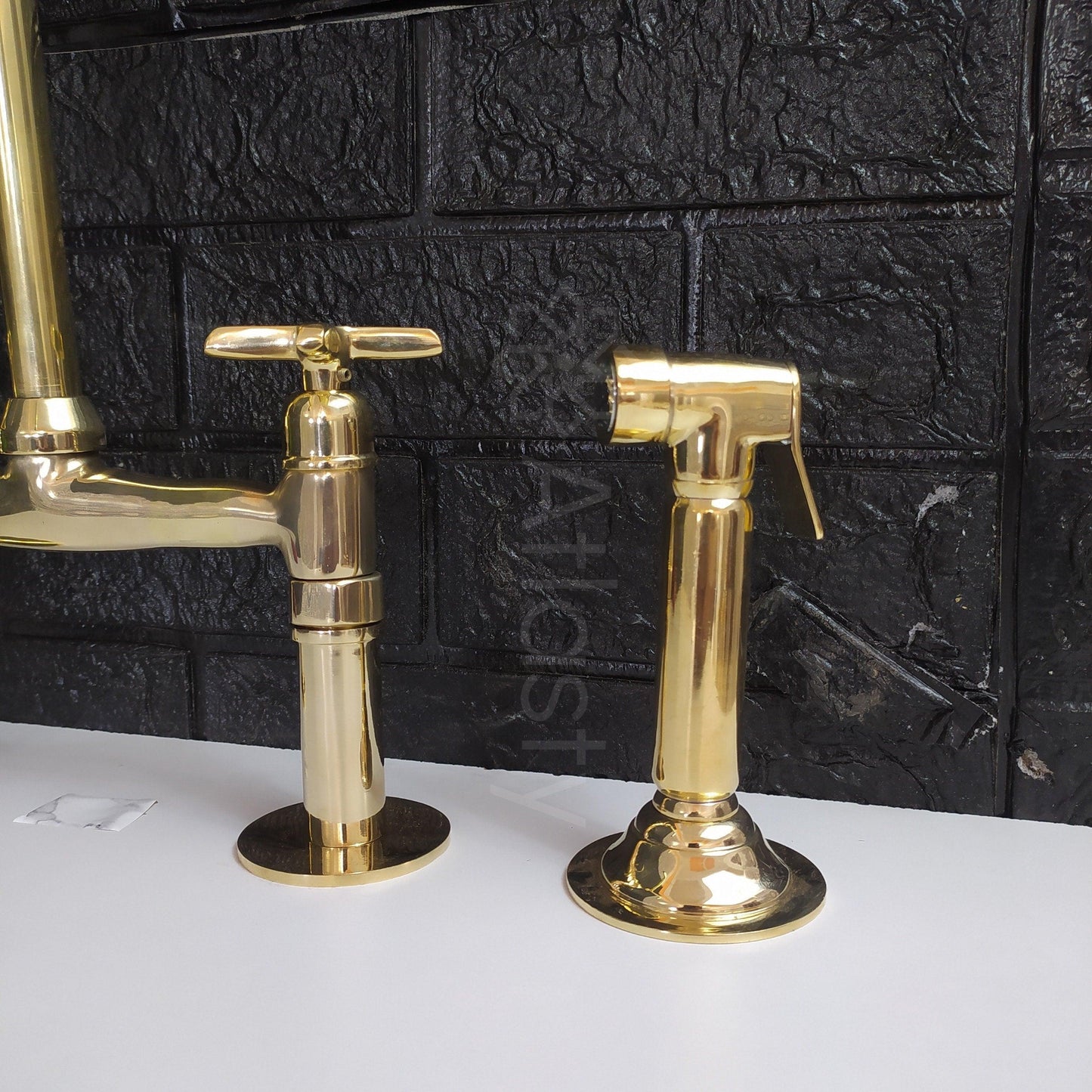 Unlacquered Brass Bridge Kitchen Faucet with Sprayer, Cold Water Tap, and Cross Handles - Ref: APC-96