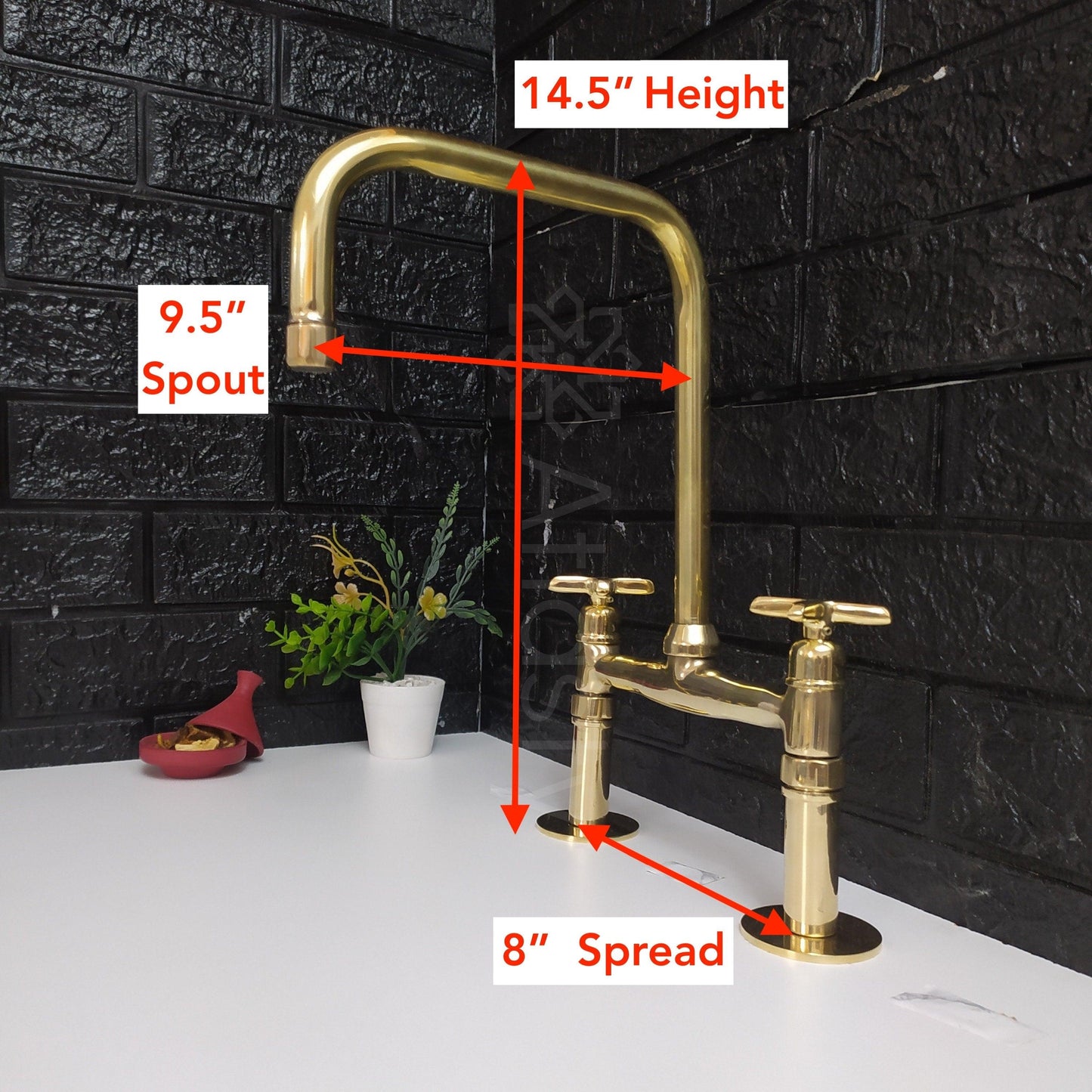 Unlacquered Brass Bridge Kitchen Faucet with Sprayer, Cold Water Tap, and Cross Handles - Ref: APC-96