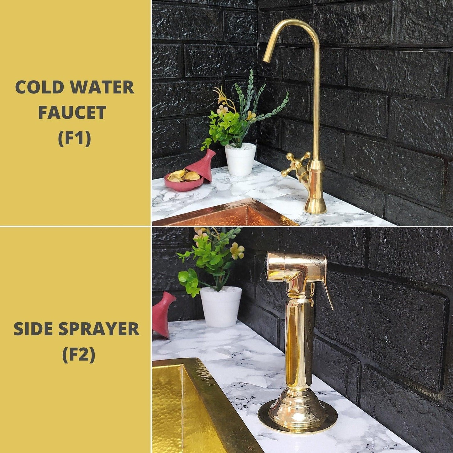 Unlacquered Brass 3 Holes Faucet | Deck Mounted Faucet | Lever Handles | Swivel Spout | Sprayer & Filtered Water Tap | Gold Antique Faucet