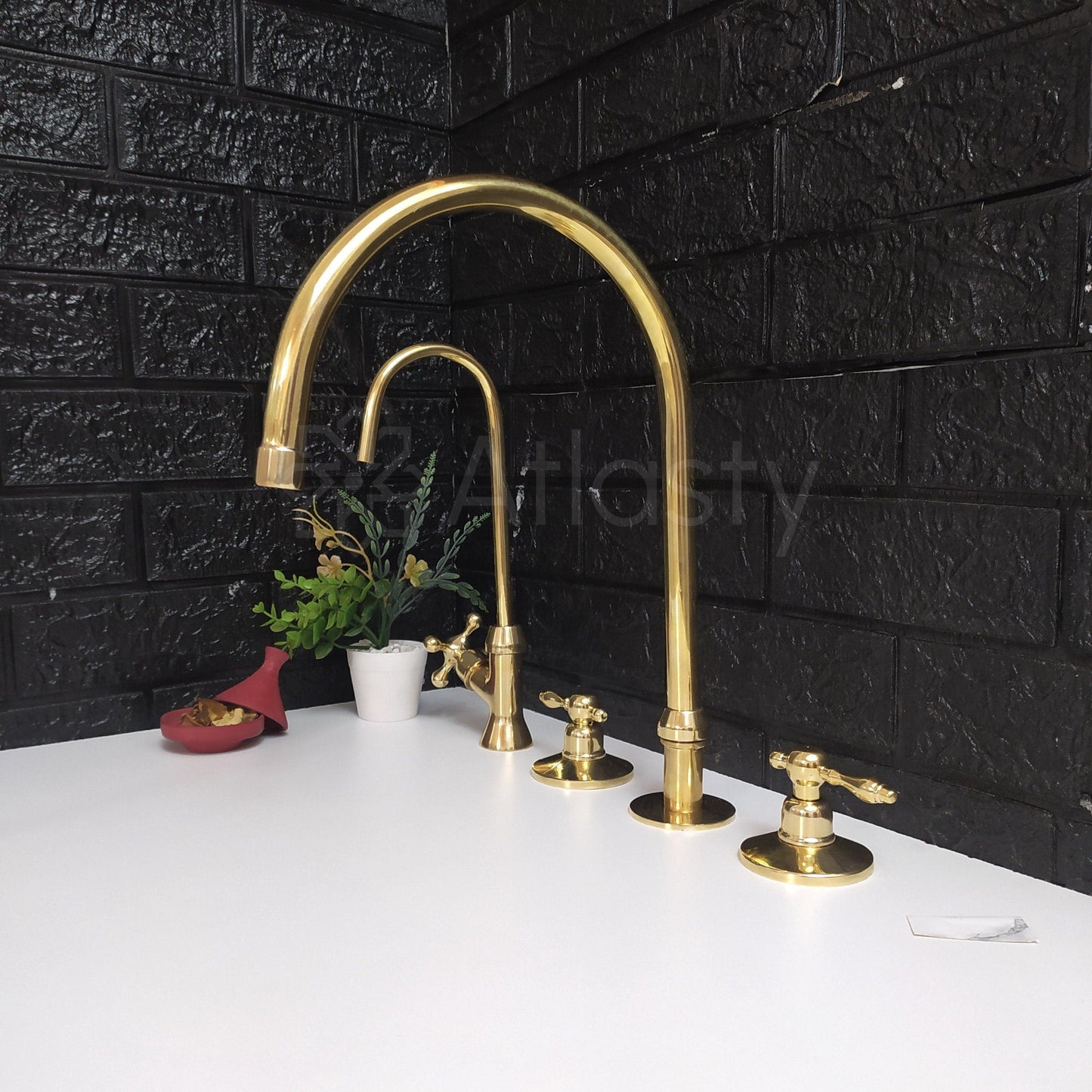 Unlacquered Brass 3 Holes Faucet | Deck Mounted Faucet | Lever Handles | Swivel Spout | Sprayer & Filtered Water Tap | Gold Antique Faucet