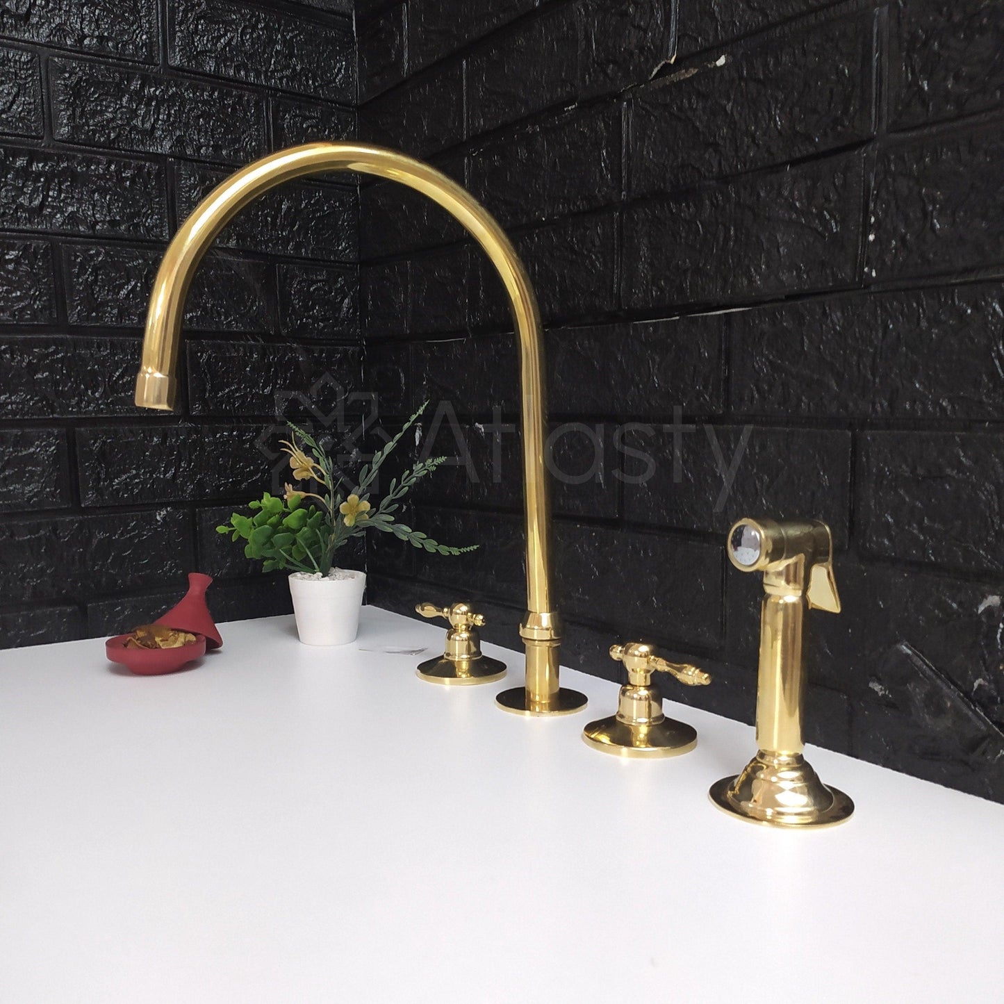 Unlacquered Brass 3 Holes Faucet | Deck Mounted Faucet | Lever Handles | Swivel Spout | Sprayer & Filtered Water Tap | Gold Antique Faucet