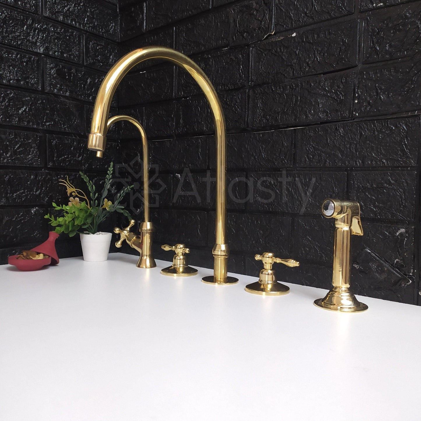 Unlacquered Brass 3 Holes Faucet | Deck Mounted Faucet | Lever Handles | Swivel Spout | Sprayer & Filtered Water Tap | Gold Antique Faucet