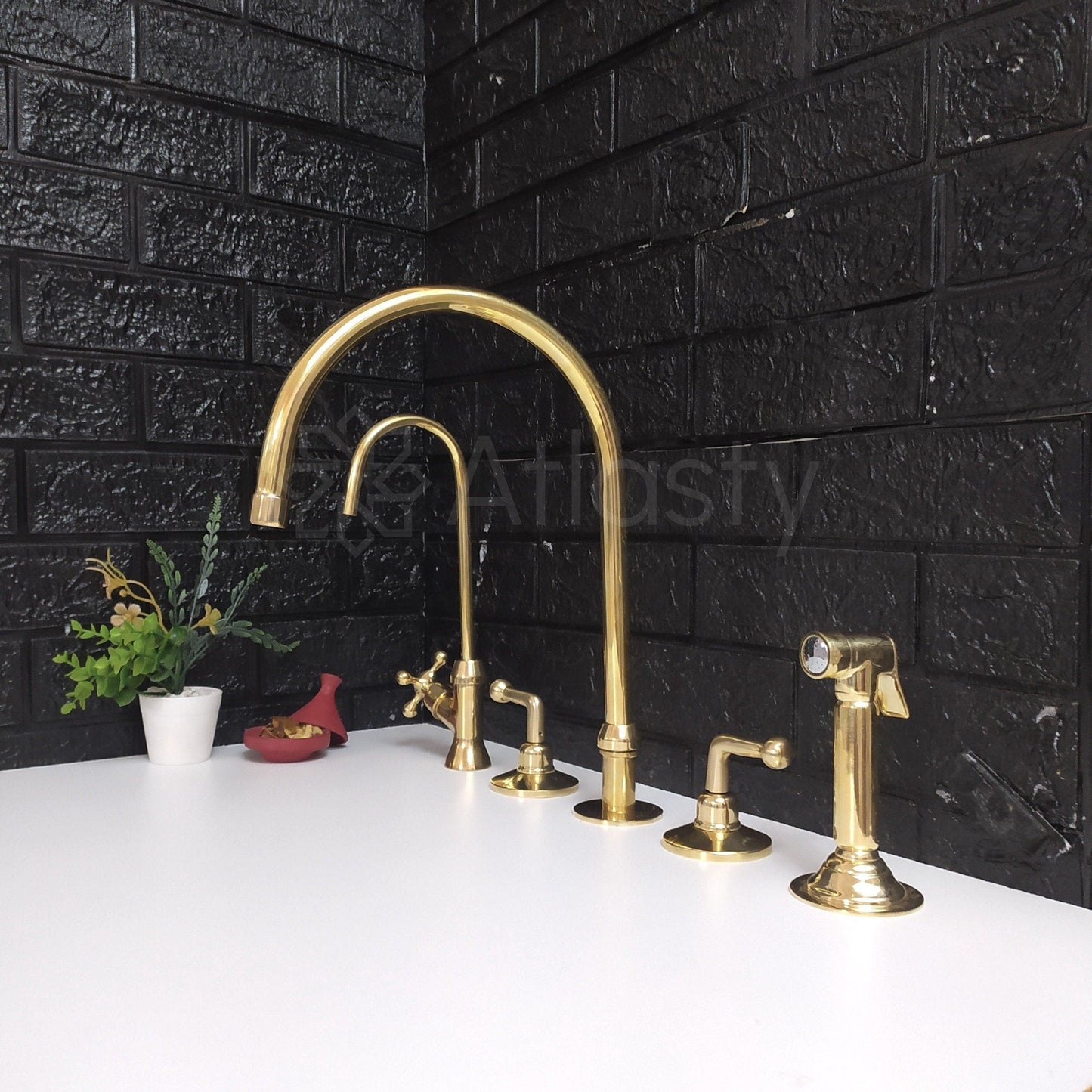 Unlacquered Brass 3 Holes Faucet | Deck Mounted Faucet | Lever Handles | Swivel Spout | Sprayer & Filtered Water Tap | Gold Antique Faucet