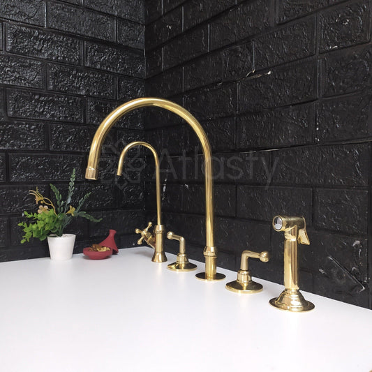 Unlacquered Brass 3 Holes Faucet | Deck Mounted Faucet | Lever Handles | Swivel Spout | Sprayer & Filtered Water Tap | Gold Antique Faucet