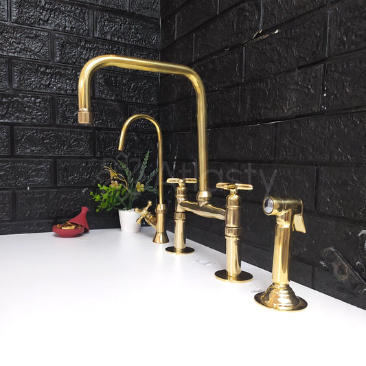 Unlacquered Brass Bridge Kitchen Faucet with Sprayer, Cold Water Tap, and Cross Handles - Ref: APC-96