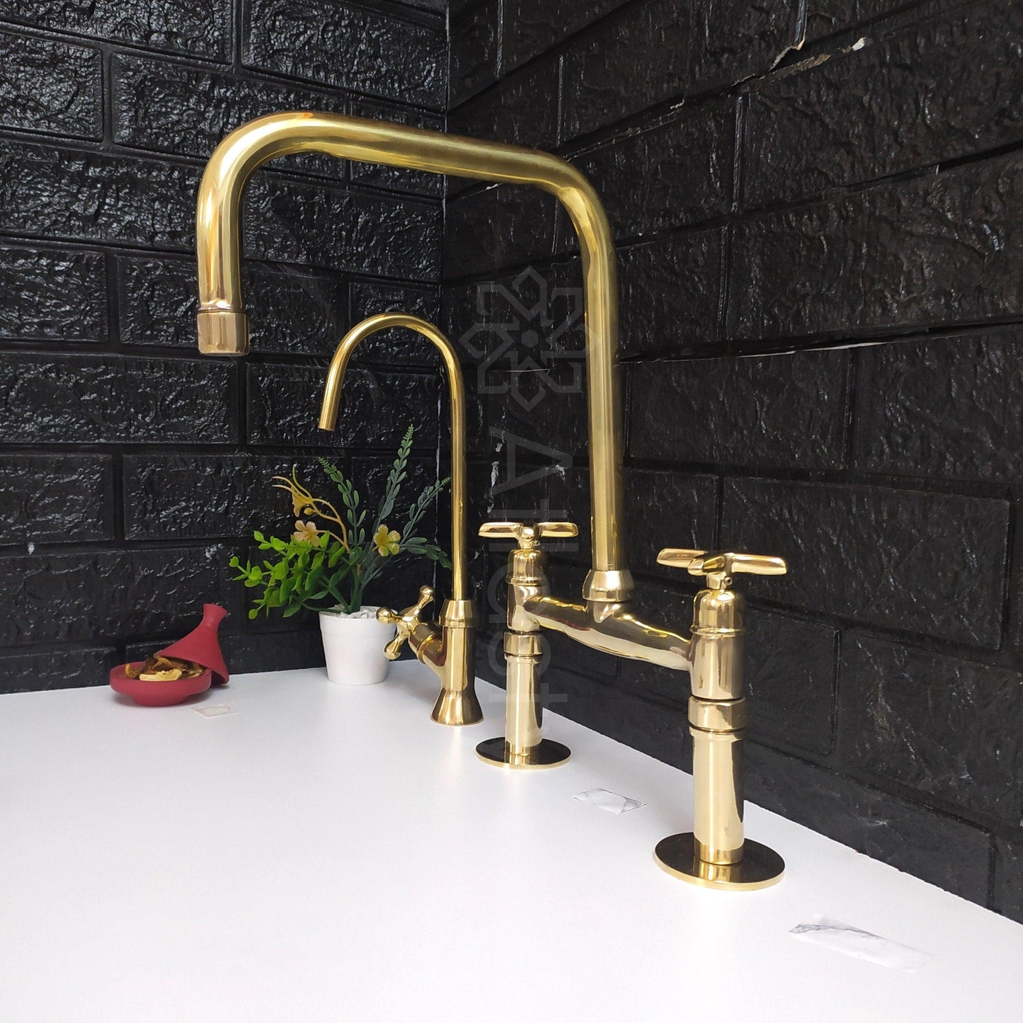 Unlacquered Brass Bridge Kitchen Faucet with Sprayer, Cold Water Tap, and Cross Handles - Ref: APC-96
