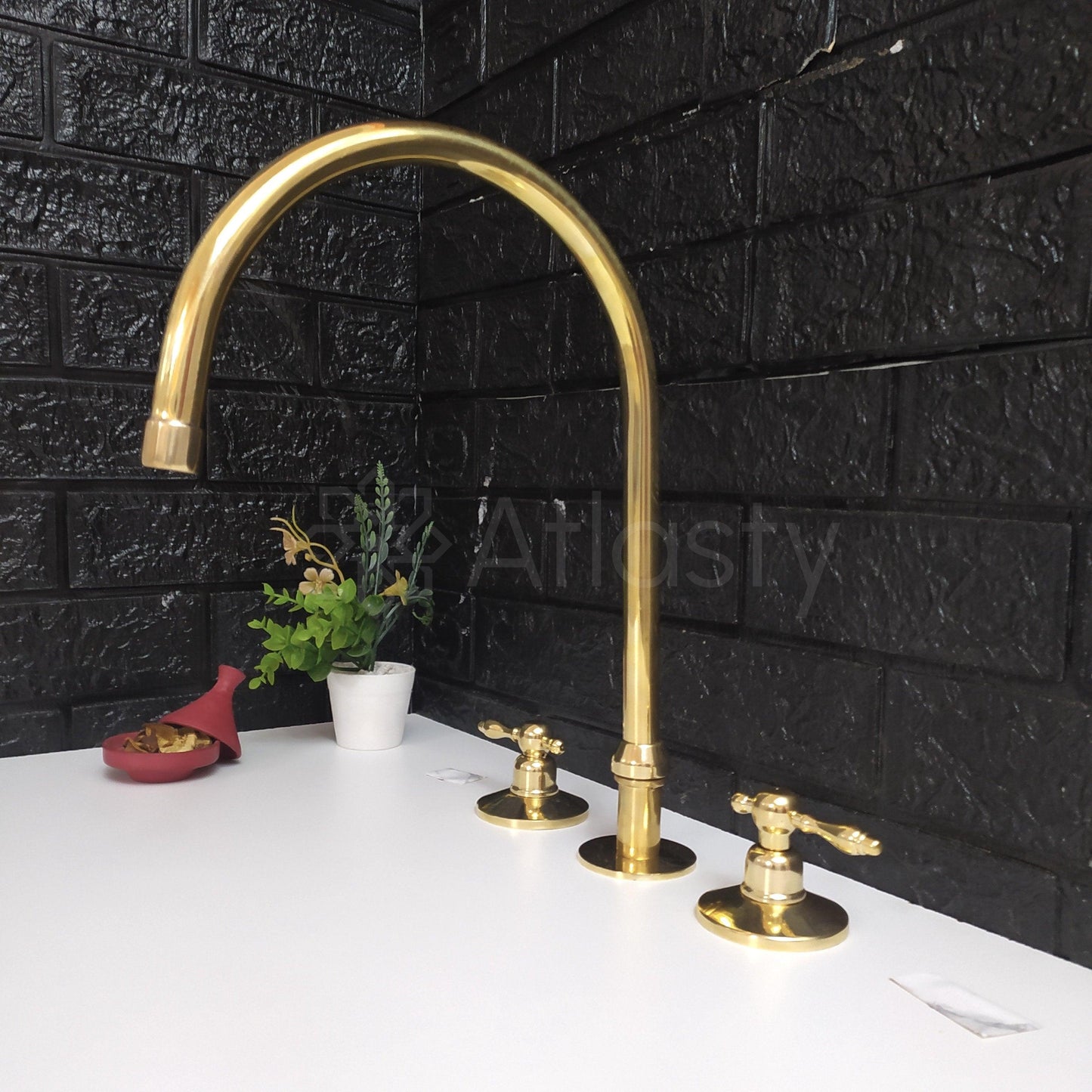 Unlacquered Brass 3 Holes Faucet | Deck Mounted Faucet | Lever Handles | Swivel Spout | Gold Antique Faucet
