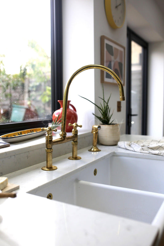 Unlacquered Brass Bridge Kitchen Faucet with Sprayer, and Cross Handles - Ref: APC-87