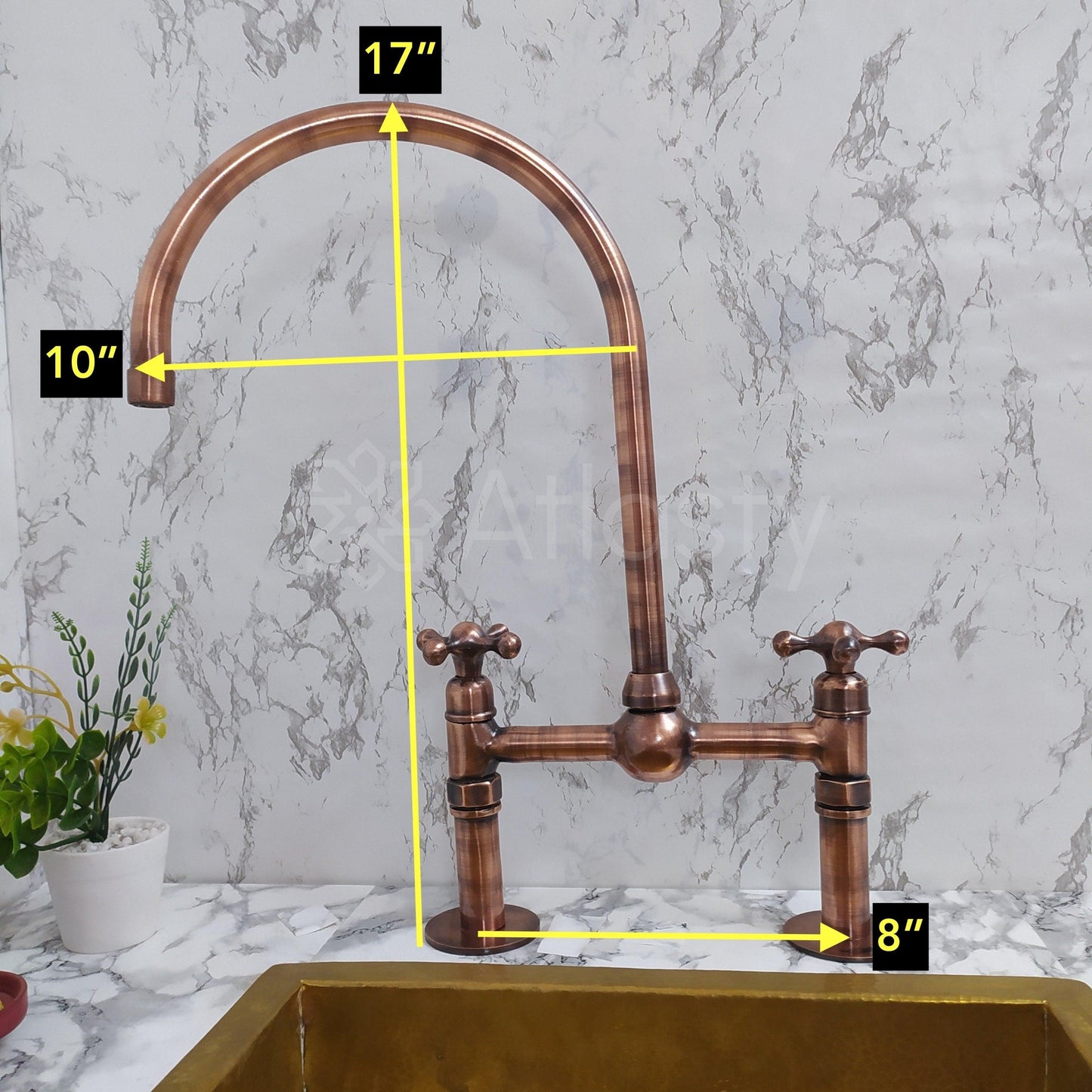 Copper Bridge Faucet | Shiny Copper Tap with Cross Handle | Copper Sprayer & Filtered Water Tap | Copper Antique Faucet | Kitchen Faucet
