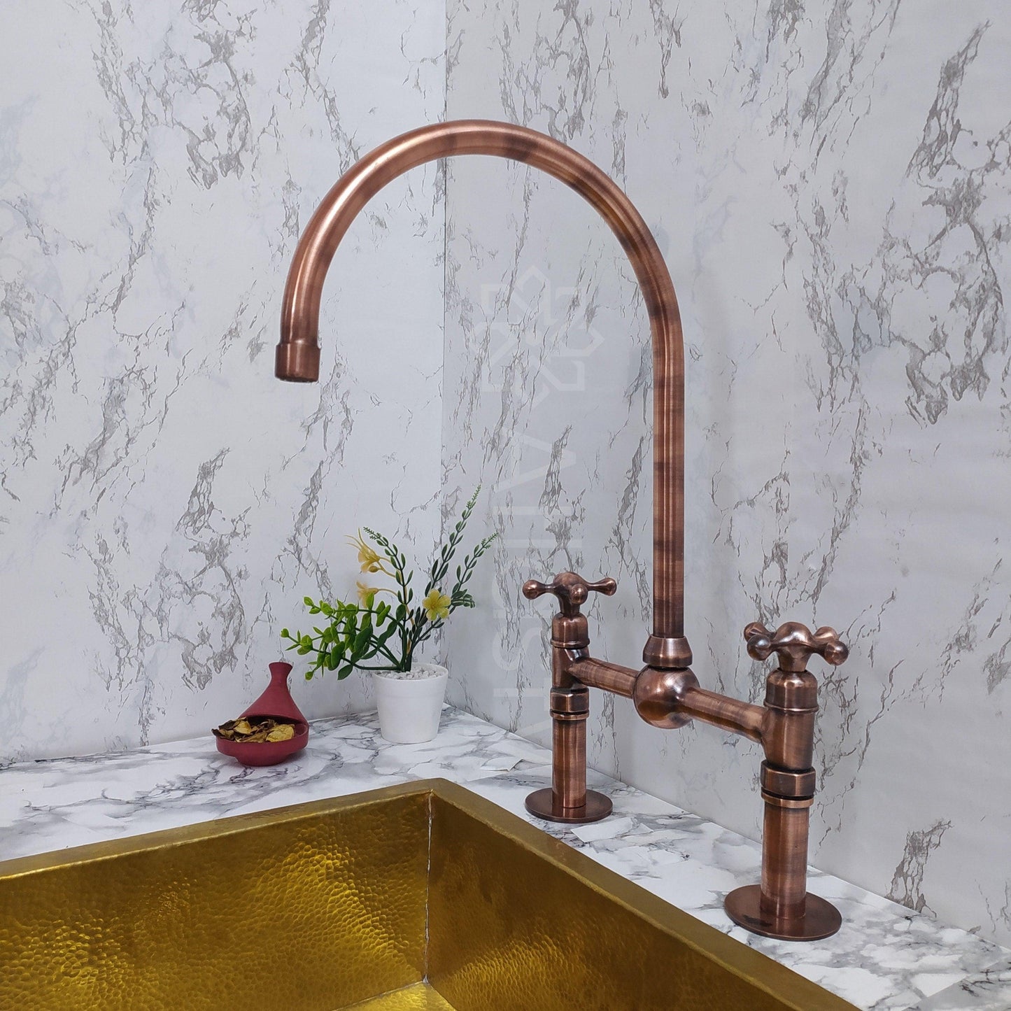 Copper Bridge Faucet | Shiny Copper Tap with Cross Handle | Copper Sprayer & Filtered Water Tap | Copper Antique Faucet | Kitchen Faucet