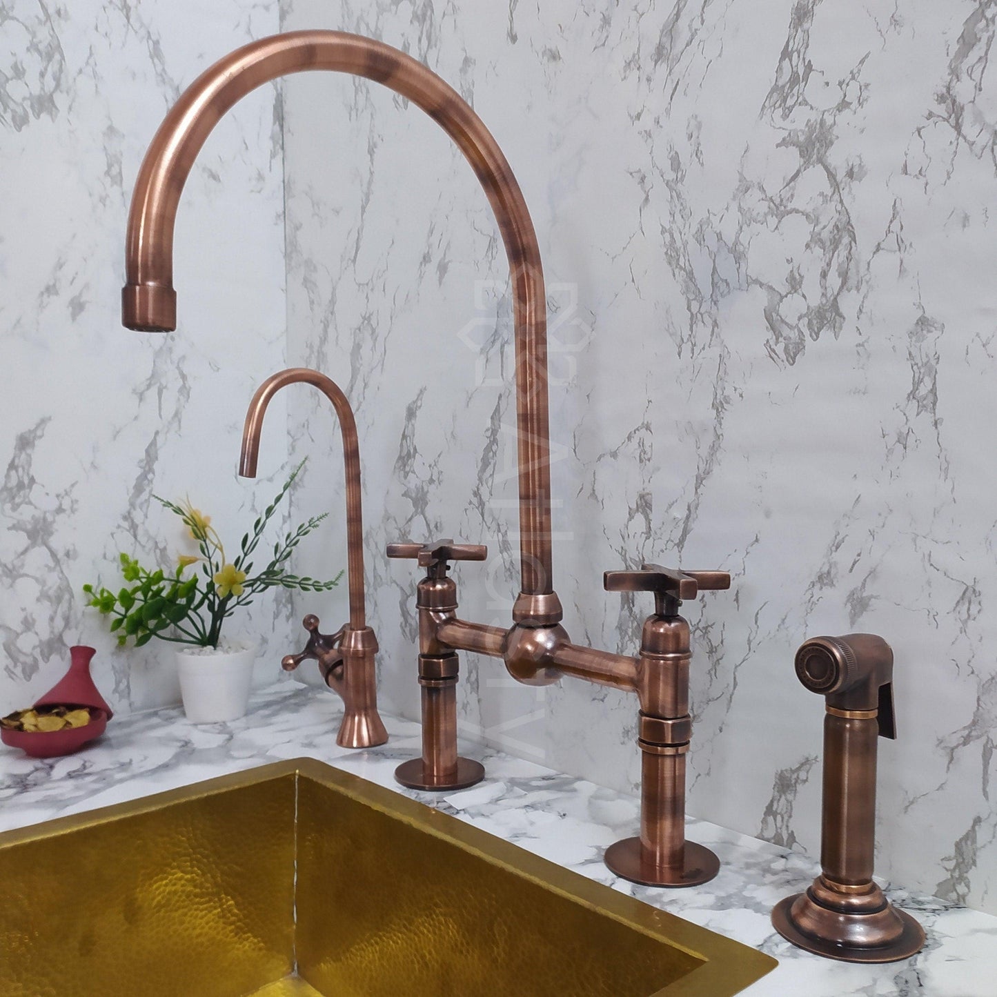 Copper Bridge Faucet | Shiny Copper Tap with Cross Handle | Copper Sprayer & Filtered Water Tap | Copper Antique Faucet | Kitchen Faucet