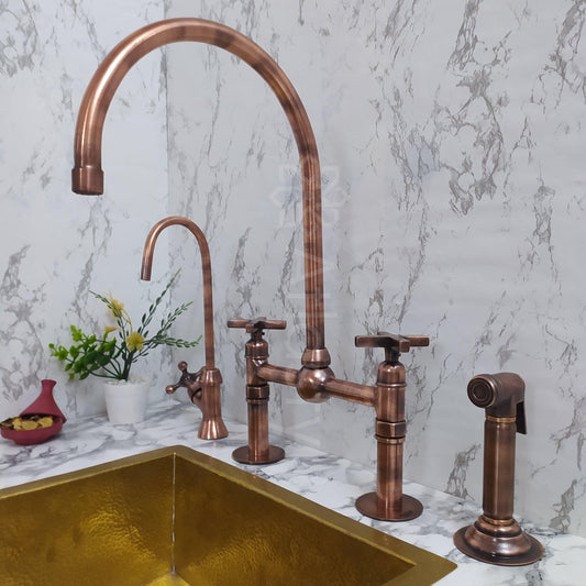 Copper Bridge Faucet | Shiny Copper Tap with Cross Handle | Copper Sprayer & Filtered Water Tap | Copper Antique Faucet | Kitchen Faucet