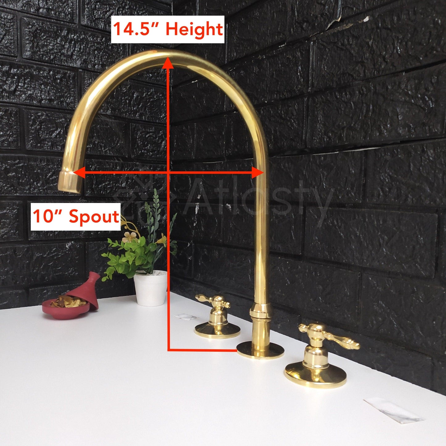 Unlacquered Brass 3 Holes Faucet | Deck Mounted Faucet | Lever Handles | Swivel Spout | Sprayer & Filtered Water Tap | Gold Antique Faucet