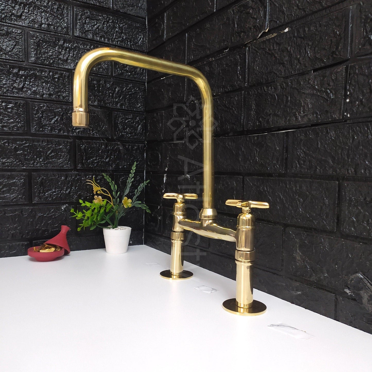 Unlacquered Brass Bridge Kitchen Faucet with Sprayer, Cold Water Tap, and Cross Handles - Ref: APC-96