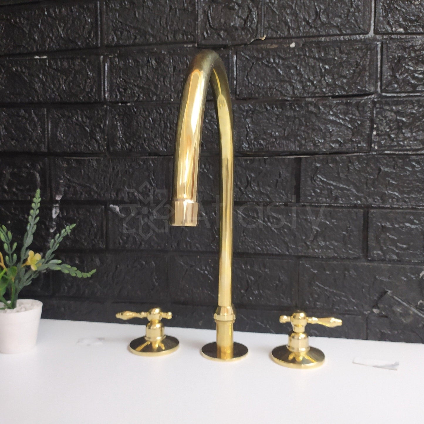 Unlacquered Brass 3 Holes Faucet | Deck Mounted Faucet | Lever Handles | Swivel Spout | Gold Antique Faucet