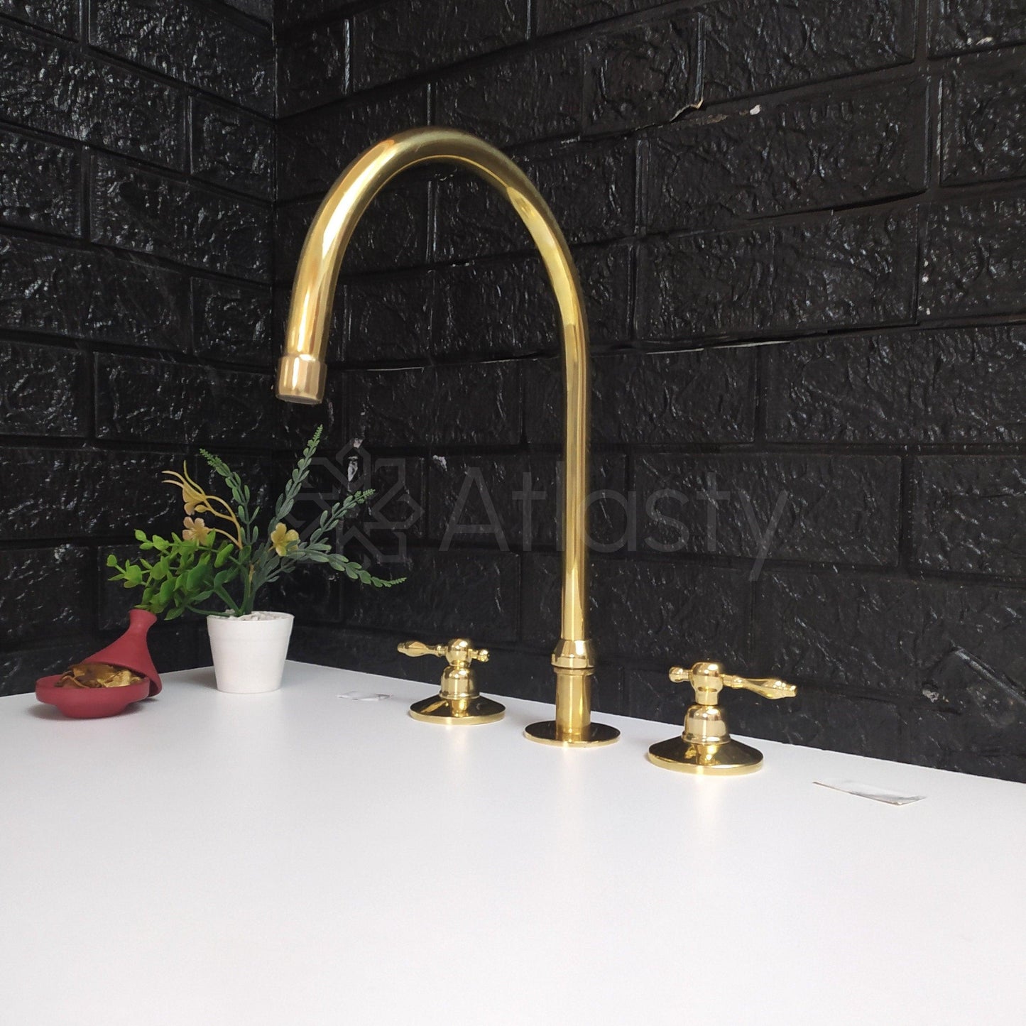 Unlacquered Brass 3 Holes Faucet | Deck Mounted Faucet | Lever Handles | Swivel Spout | Gold Antique Faucet