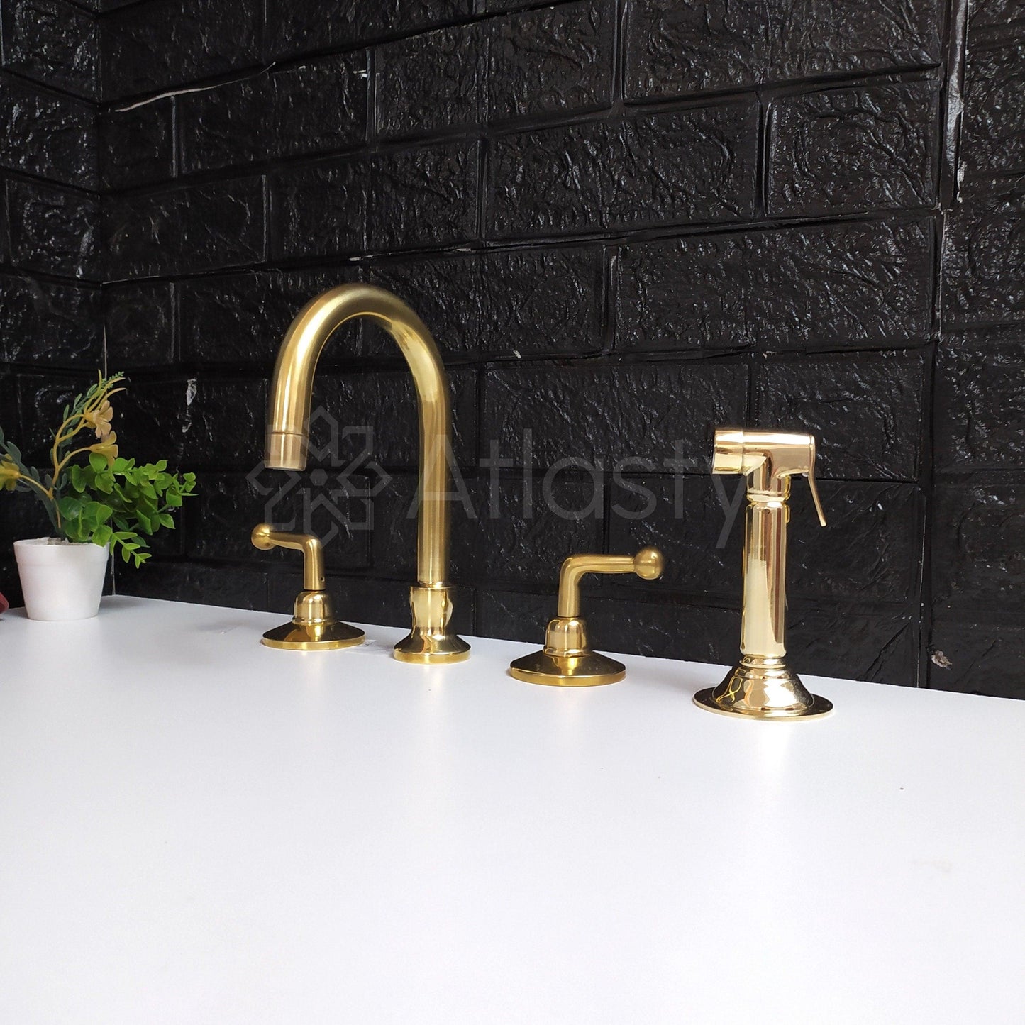 Unlacquered Brass 3 Holes Faucet With Sprayer | Lever & Cross Handles | Gold Antique Faucet