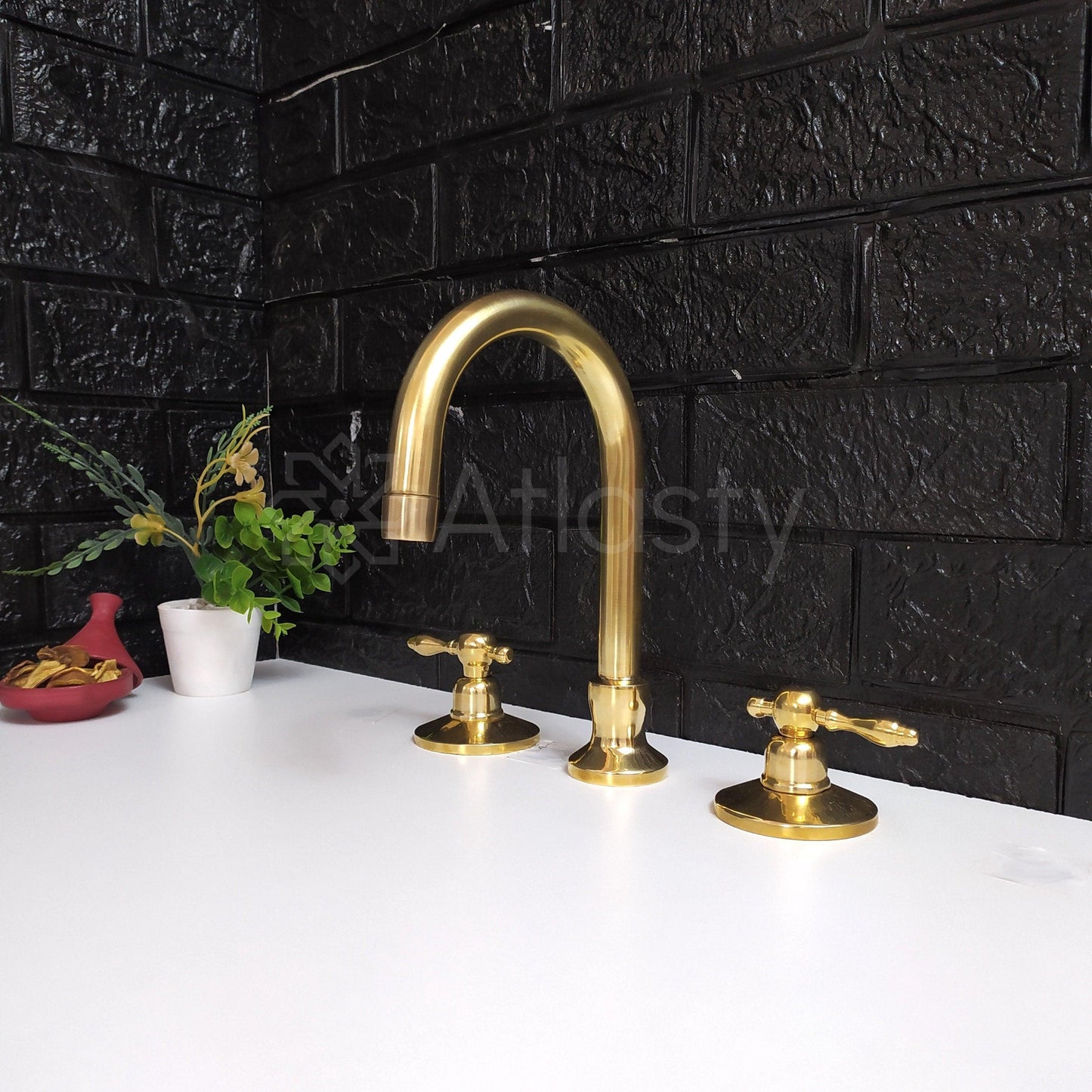 Unlacquered Brass 3 Holes Faucet With Sprayer | Lever & Cross Handles | Gold Antique Faucet
