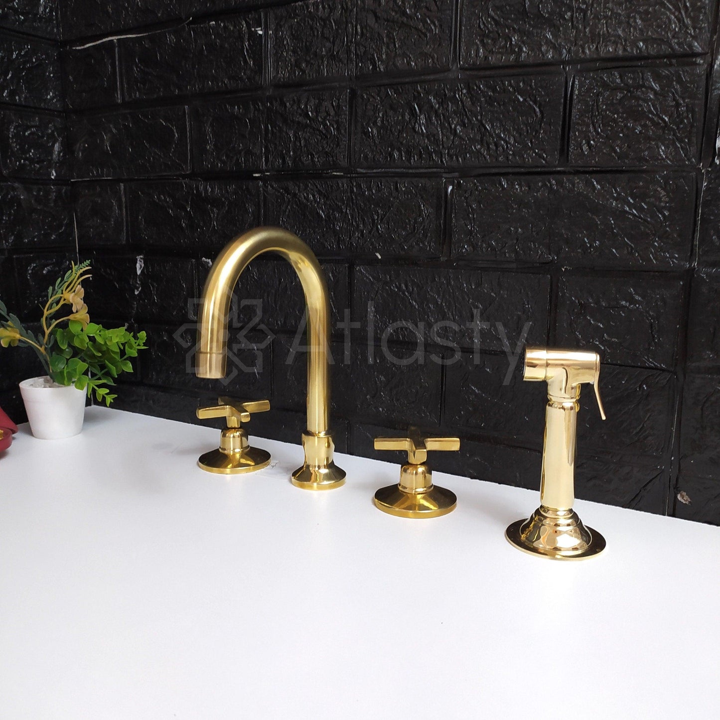 Unlacquered Brass 3 Holes Faucet With Sprayer | Lever & Cross Handles | Gold Antique Faucet