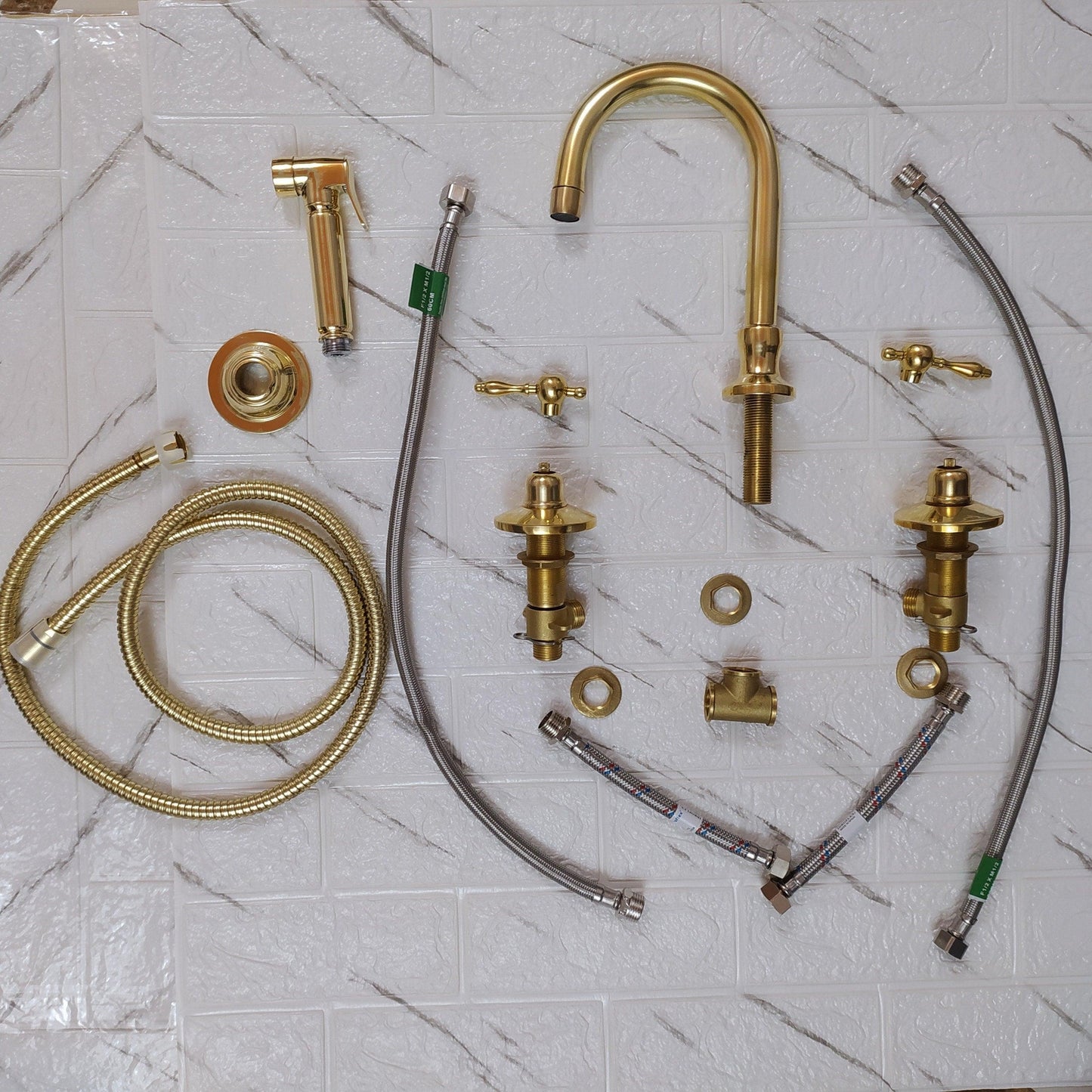 Unlacquered Brass 3 Holes Faucet With Sprayer | Lever & Cross Handles | Gold Antique Faucet