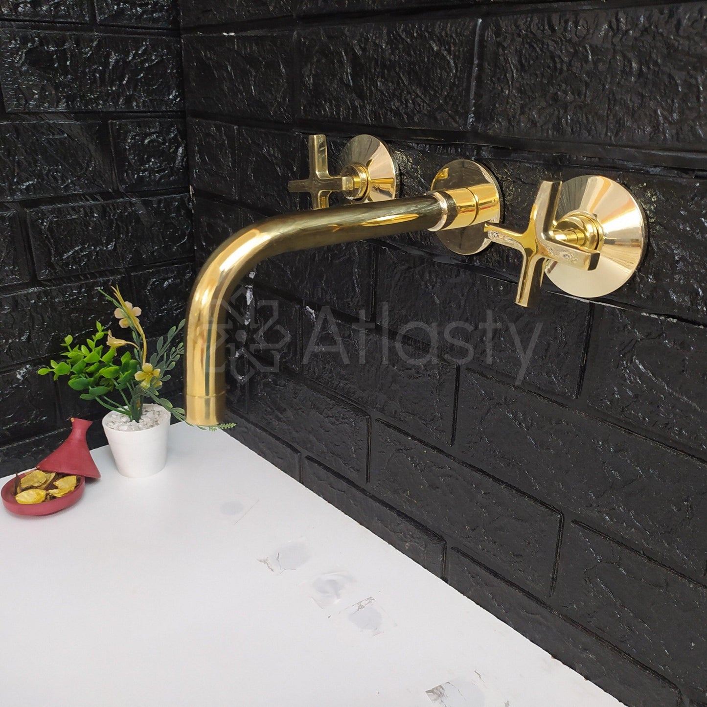 Unlacquered Brass Wall Mounted Bathroom Faucet - Vessel Sink Faucet with Cross or Lever Handles