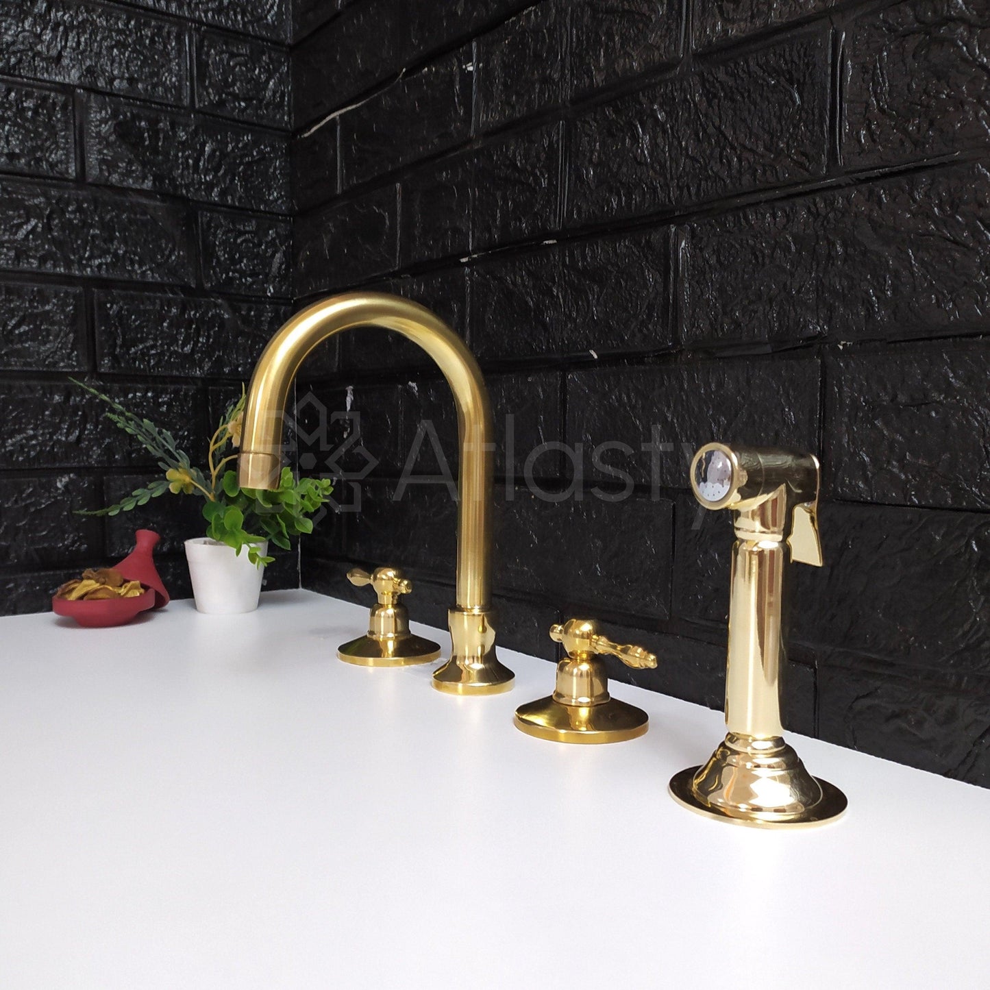 Unlacquered Brass 3 Holes Faucet With Sprayer | Lever & Cross Handles | Gold Antique Faucet