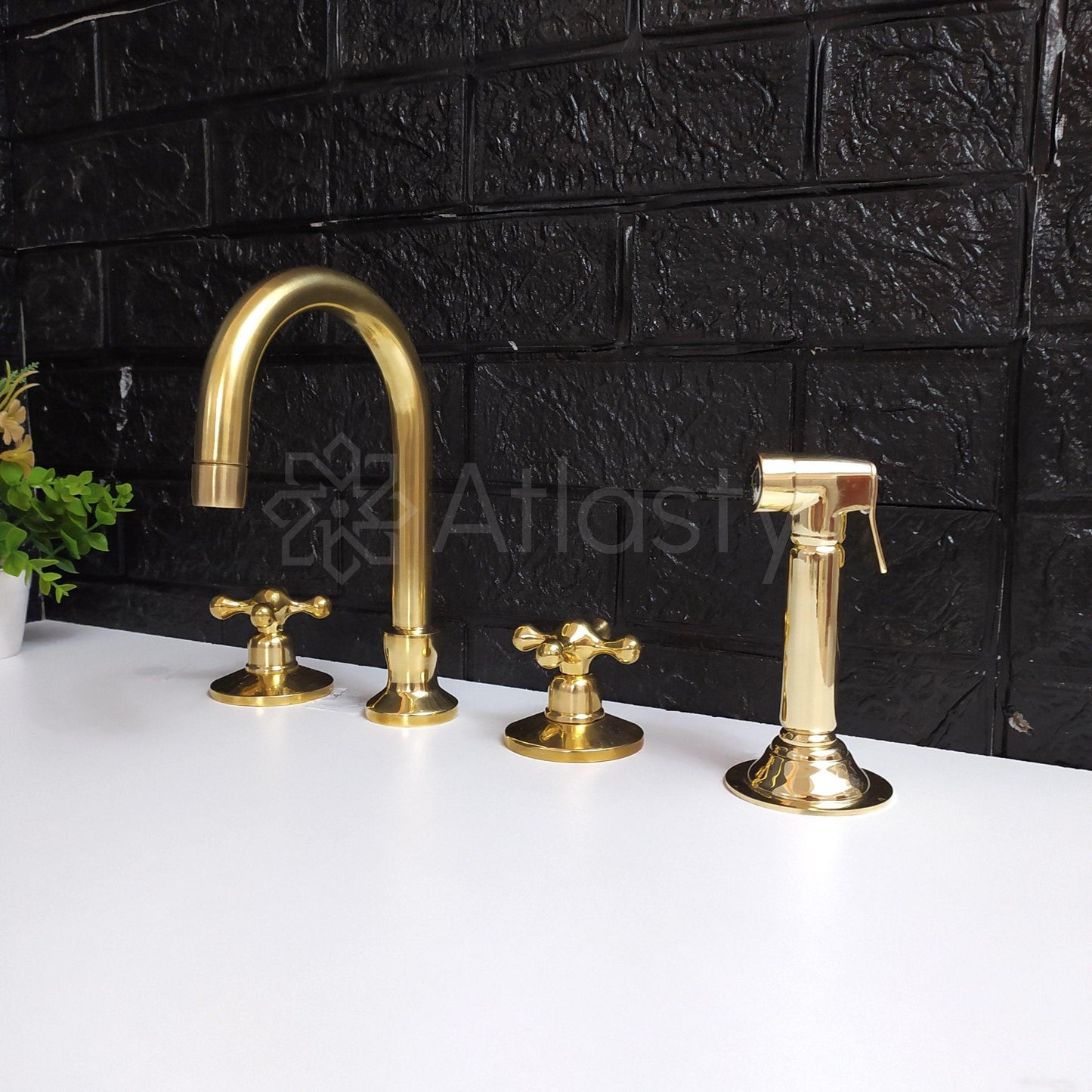 Unlacquered Brass 3 Holes Faucet With Sprayer | Lever & Cross Handles | Gold Antique Faucet