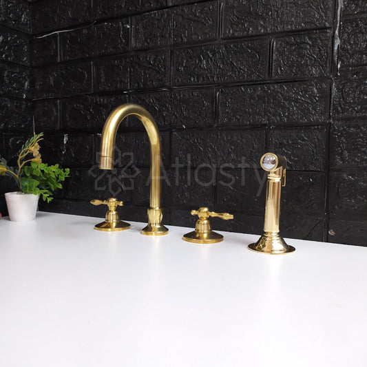 Unlacquered Brass 3 Holes Faucet With Sprayer | Lever & Cross Handles | Gold Antique Faucet
