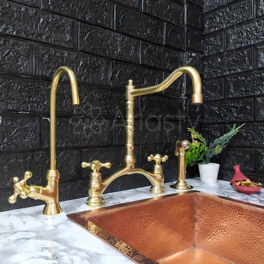 Unlacquered Brass Bridge Kitchen Faucet with Sprayer, Cold Water Tap, and Cross Handles - Ref: APC-99