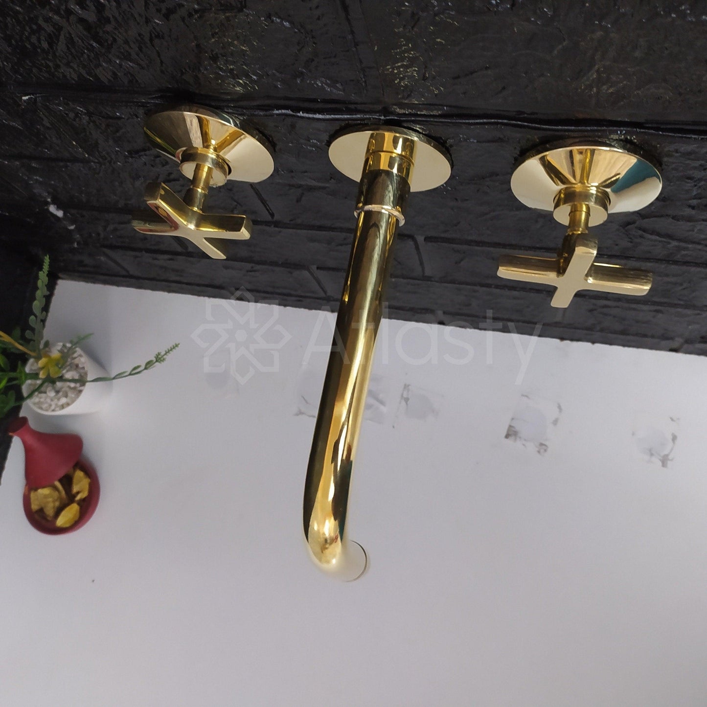 Unlacquered Brass Wall Mounted Bathroom Faucet - Vessel Sink Faucet with Cross or Lever Handles