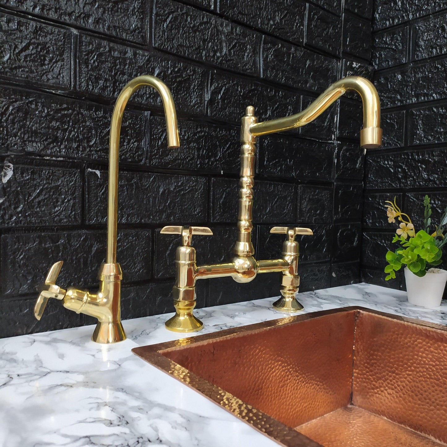 Unlacquered Brass Bridge Kitchen Faucet with Sprayer, Cold Water Tap, and Cross Handles - Ref: APC-92