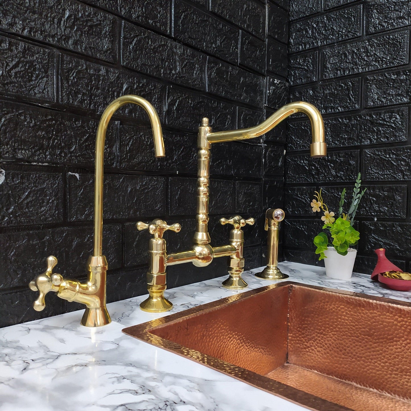 Unlacquered Brass Bridge Kitchen Faucet with Sprayer, Cold Water Tap, and Cross Handles - Ref: APC-92