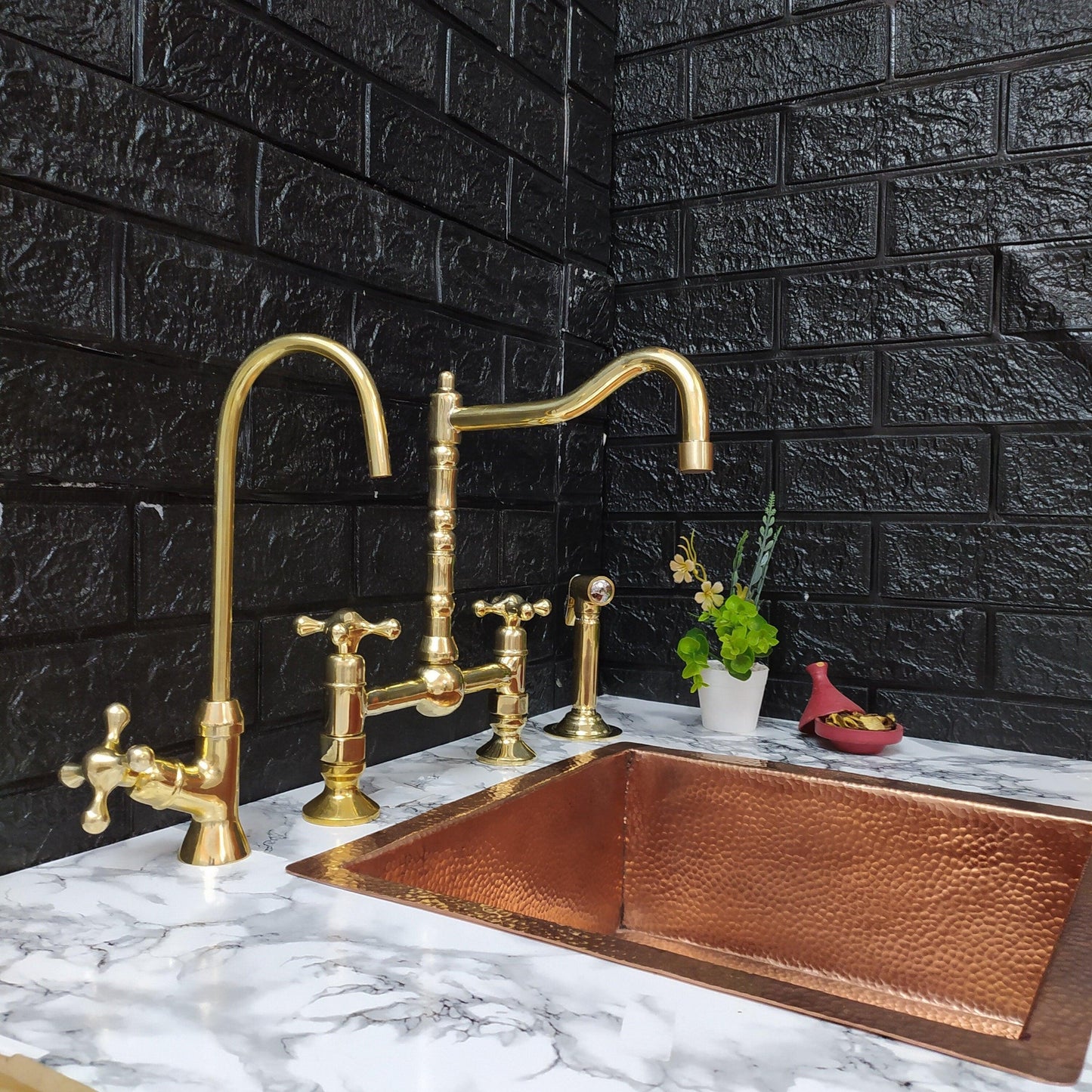 Unlacquered Brass Bridge Kitchen Faucet with Sprayer, Cold Water Tap, and Cross Handles - Ref: APC-92