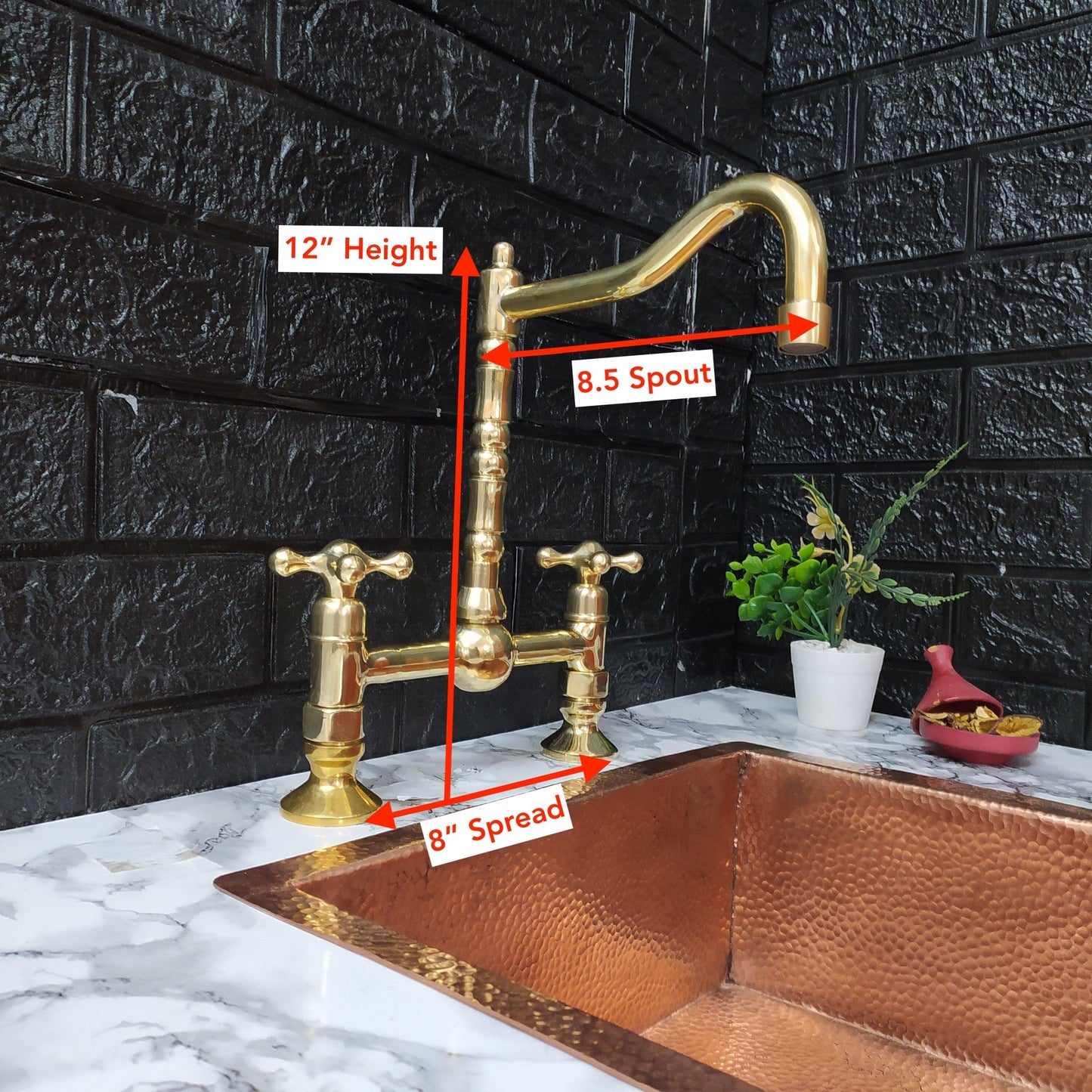 Unlacquered Brass Bridge Kitchen Faucet with Sprayer, Cold Water Tap, and Cross Handles - Ref: APC-92