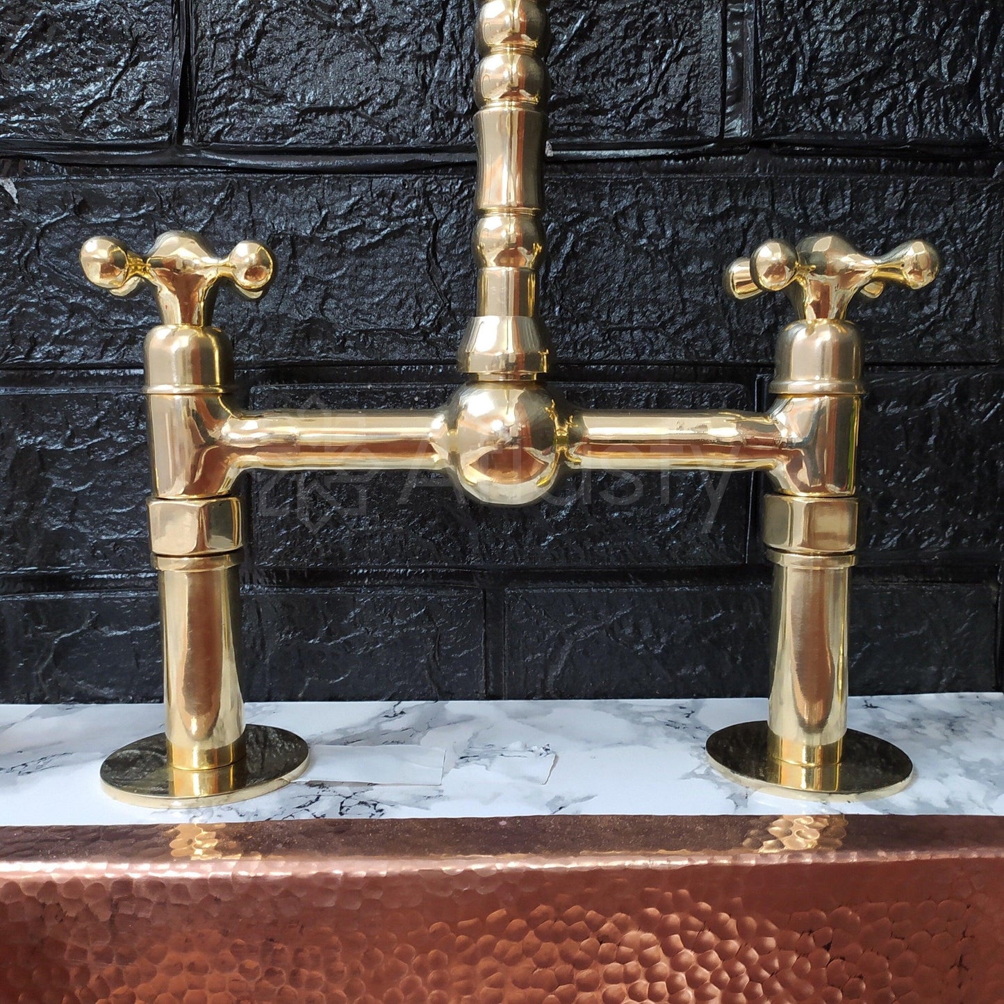 Unlacquered Brass Bridge Kitchen Faucet with Sprayer, Cold Water Tap, and Cross Handles - Ref: APC-98