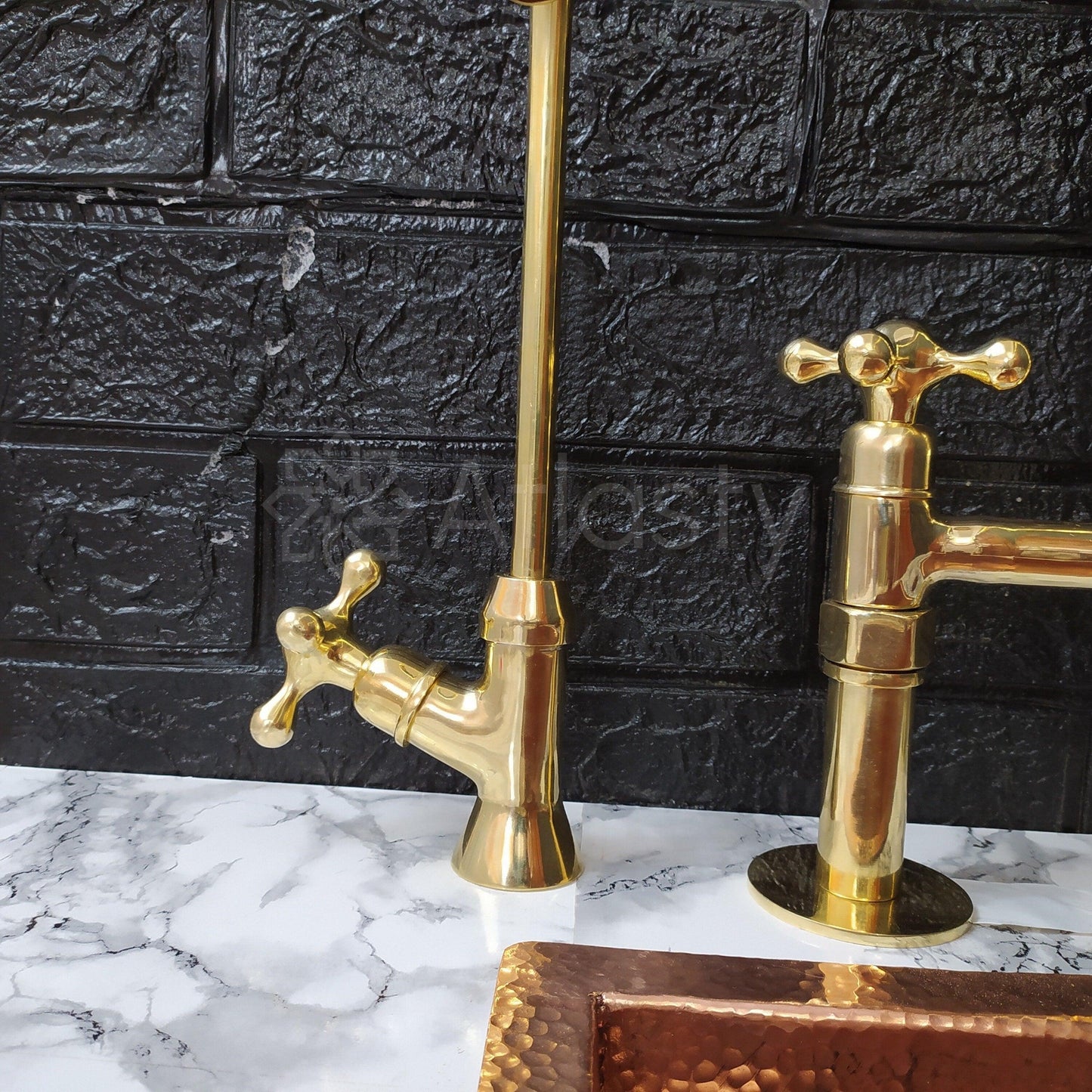 Unlacquered Brass Bridge Kitchen Faucet with Sprayer, Cold Water Tap, and Cross Handles - Ref: APC-98