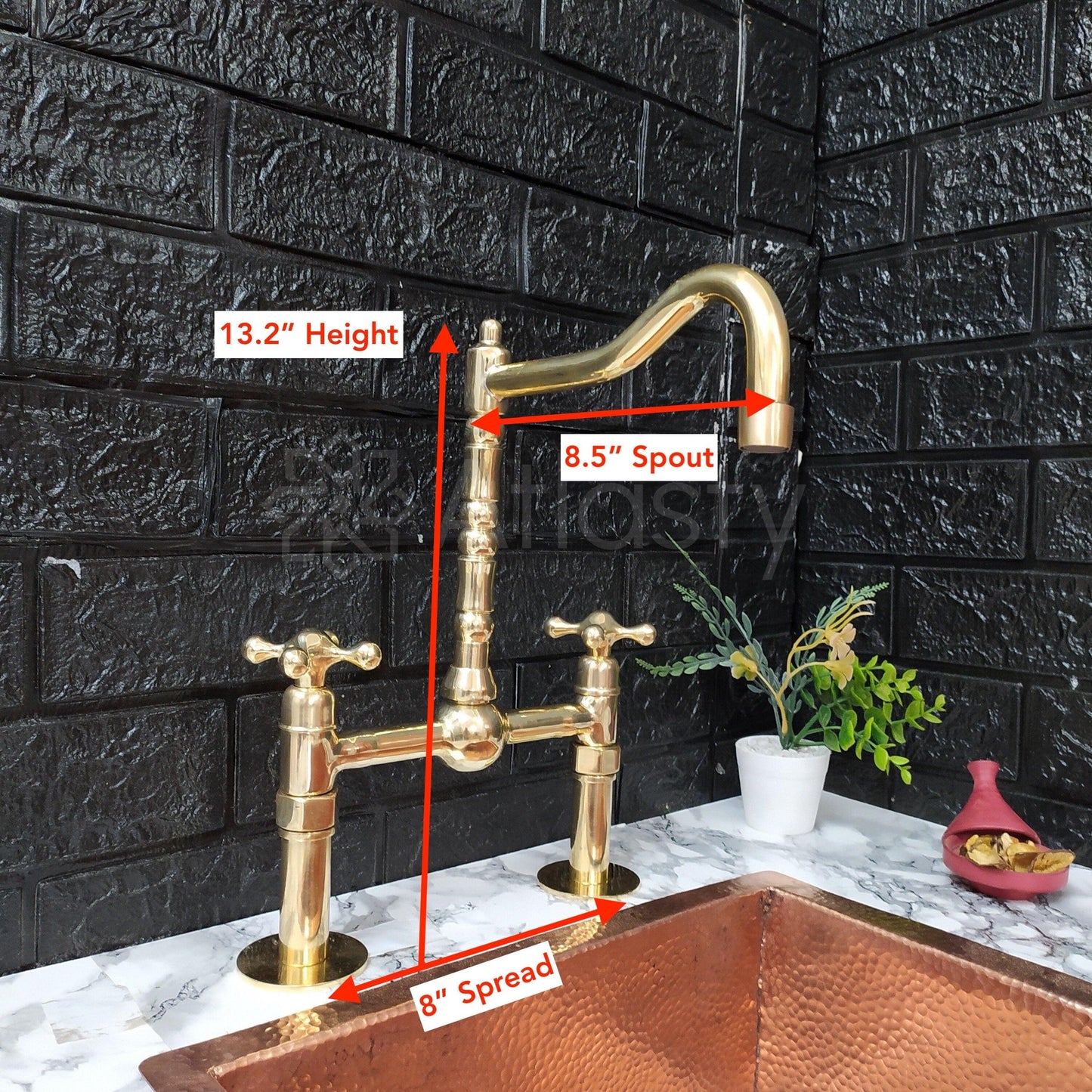 Unlacquered Brass Bridge Kitchen Faucet with Sprayer, Cold Water Tap, and Cross Handles - Ref: APC-98