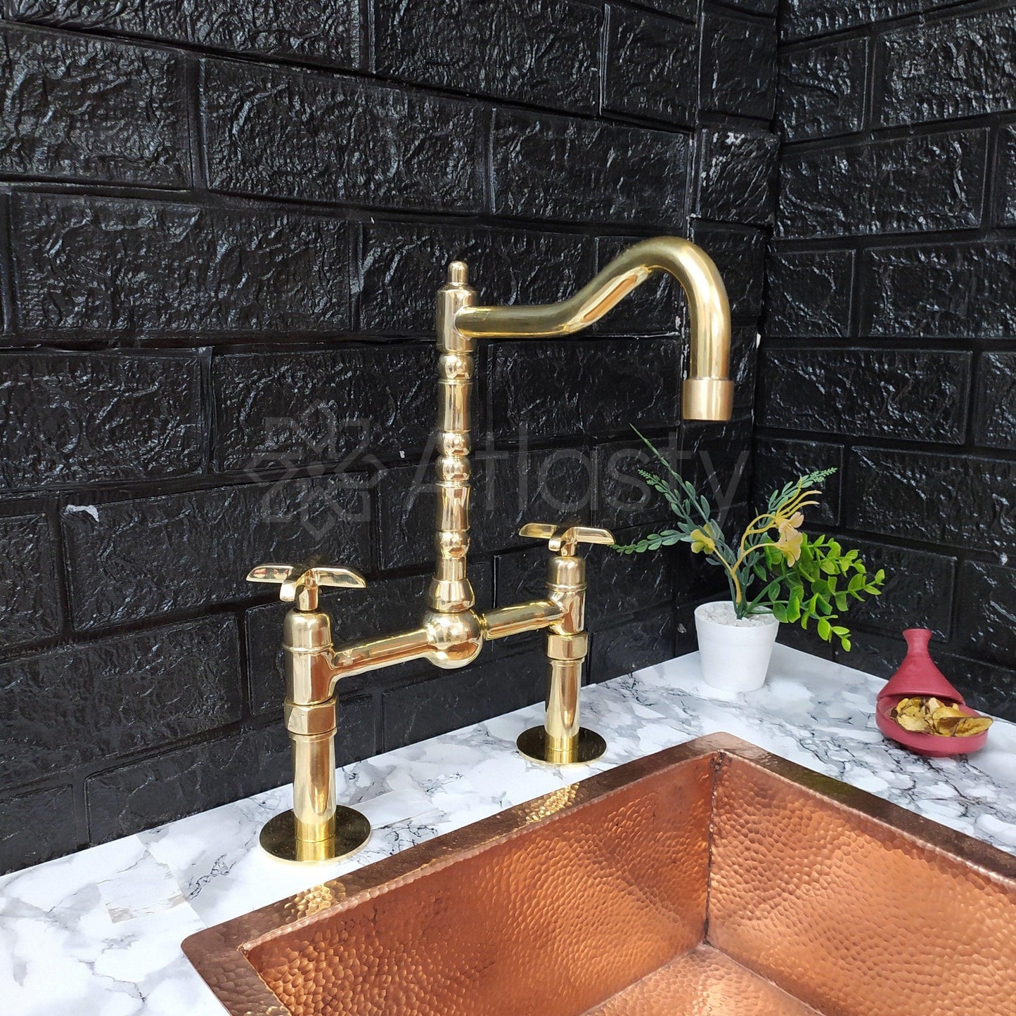 Unlacquered Brass Bridge Kitchen Faucet with Sprayer, Cold Water Tap, and Cross Handles - Ref: APC-98