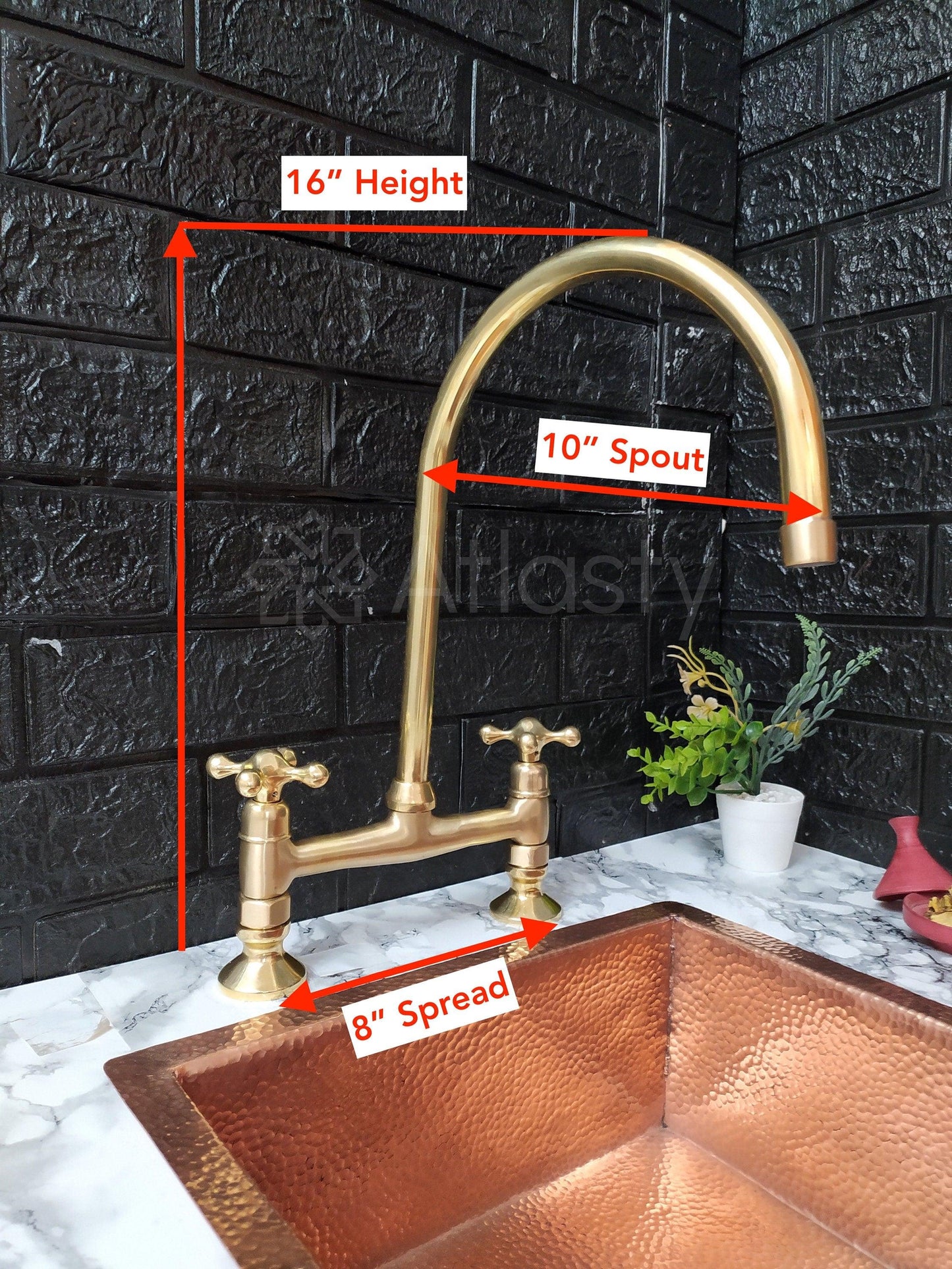 Unlacquered Brass Bridge Kitchen Faucet with Sprayer, Cold Water Tap, and Cross Handles - Ref: APC-91