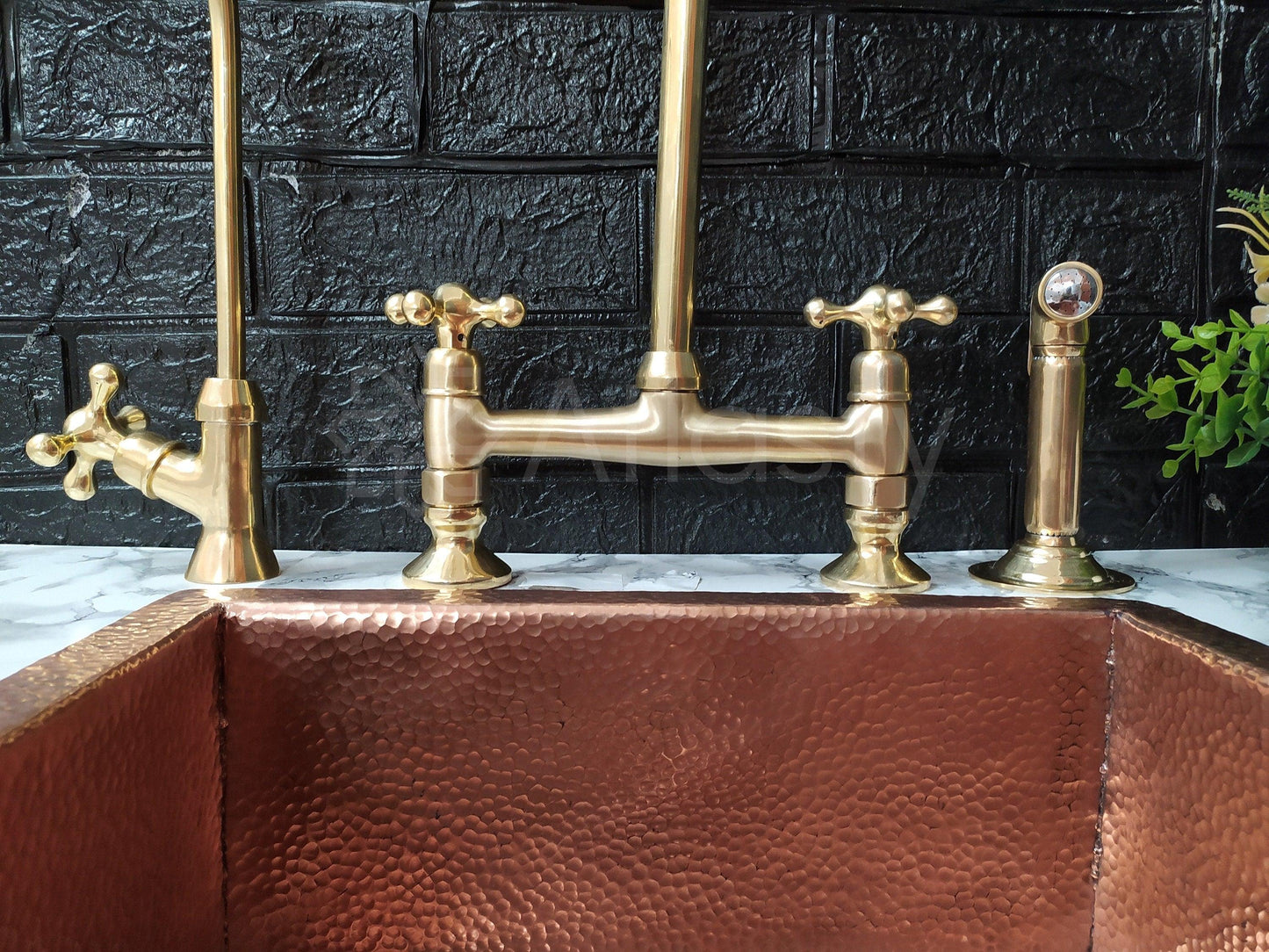 Unlacquered Brass Bridge Kitchen Faucet with Sprayer, Cold Water Tap, and Cross Handles - Ref: APC-91