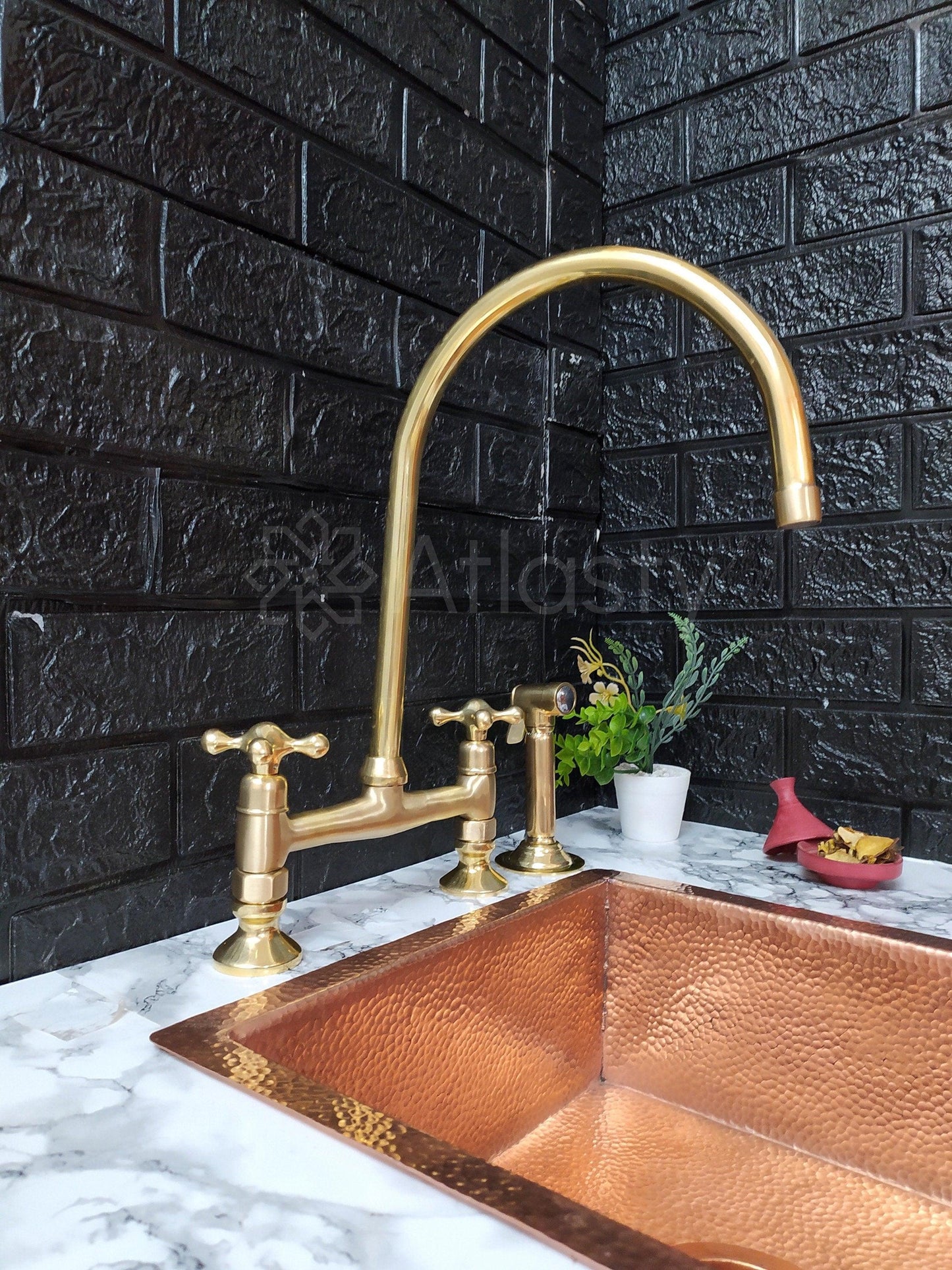 Unlacquered Brass Bridge Kitchen Faucet with Sprayer, Cold Water Tap, and Cross Handles - Ref: APC-91