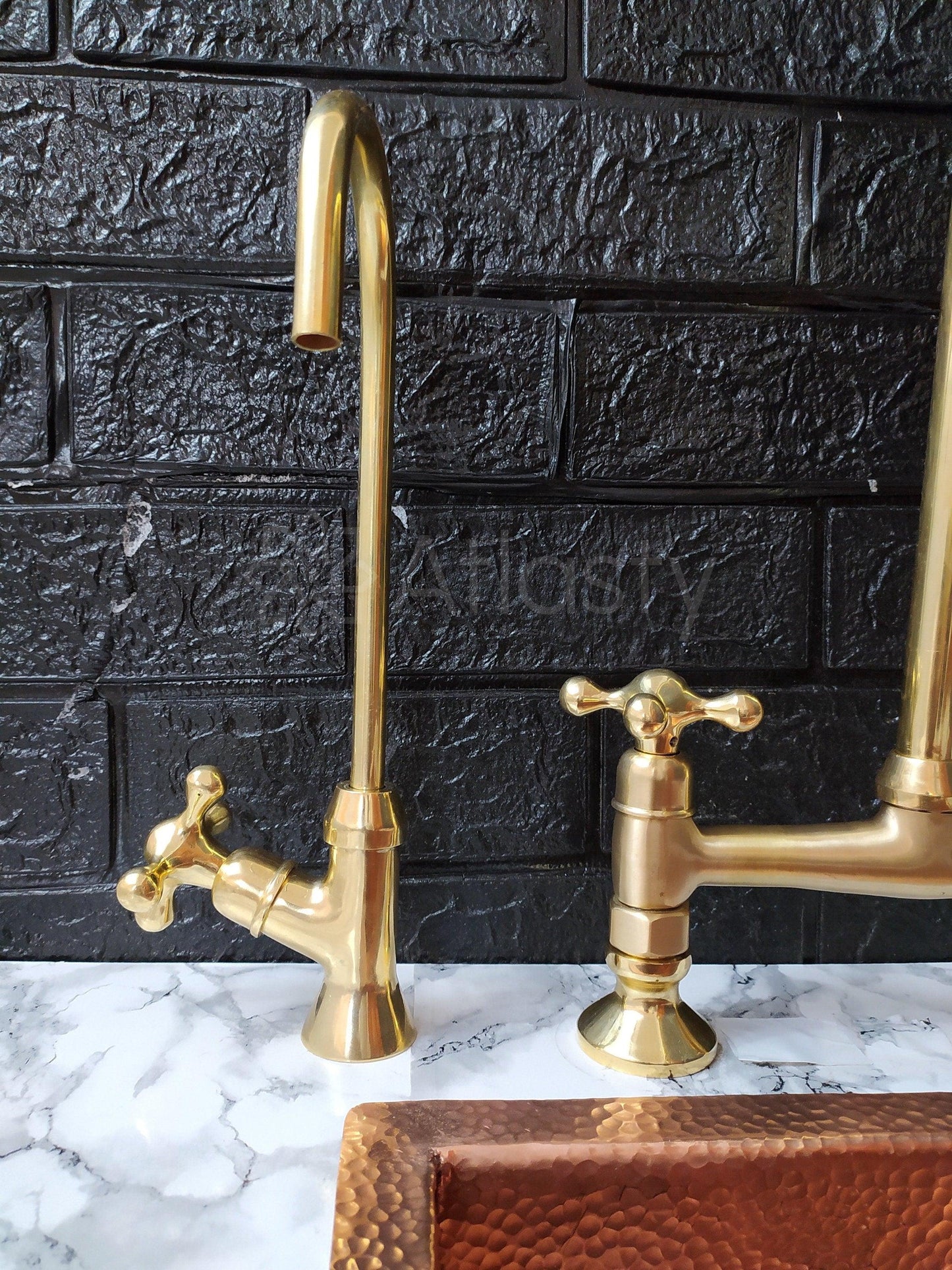 Unlacquered Brass Bridge Kitchen Faucet with Sprayer, Cold Water Tap, and Cross Handles - Ref: APC-91
