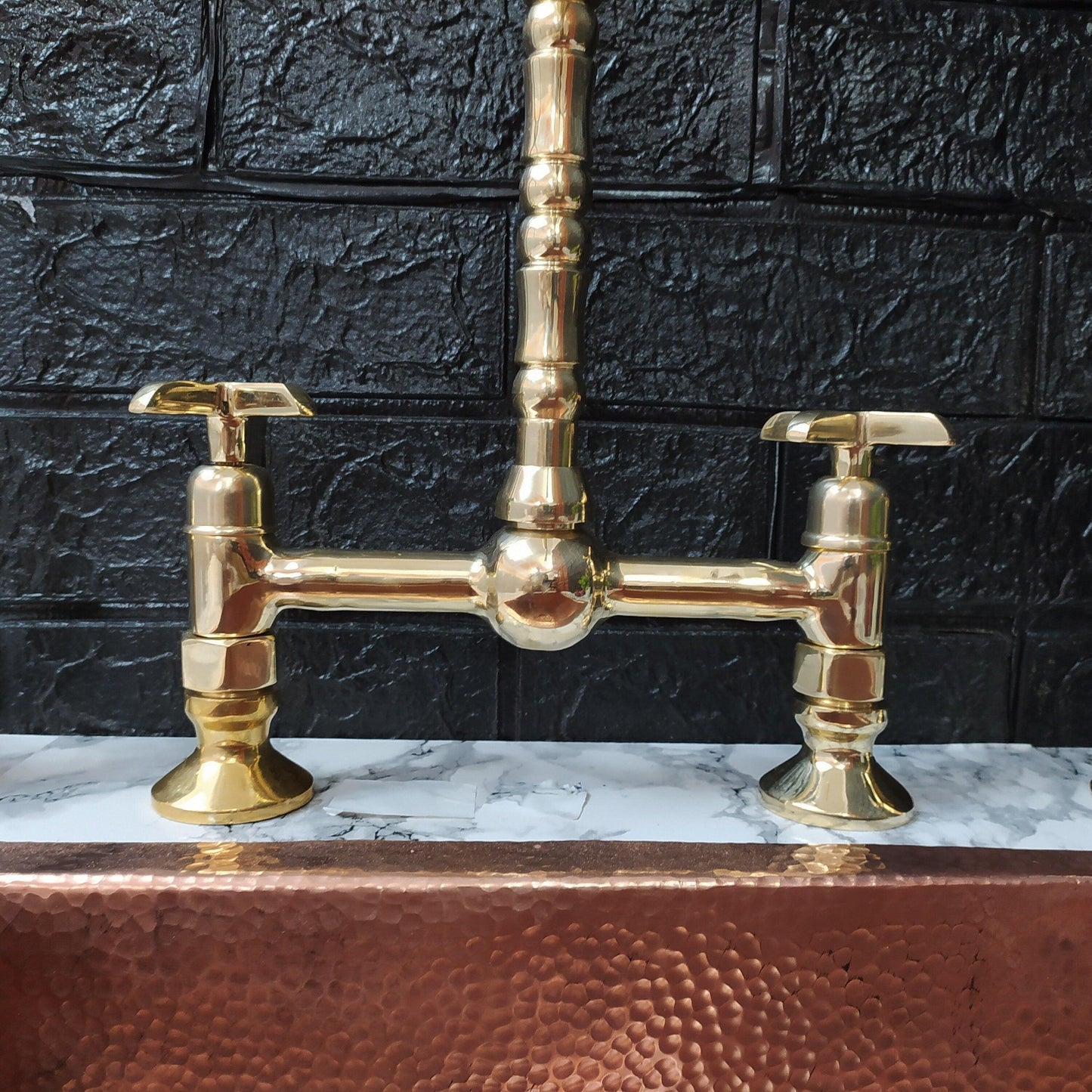 Unlacquered Brass Bridge Kitchen Faucet with Sprayer, Cold Water Tap, and Cross Handles - Ref: APC-92