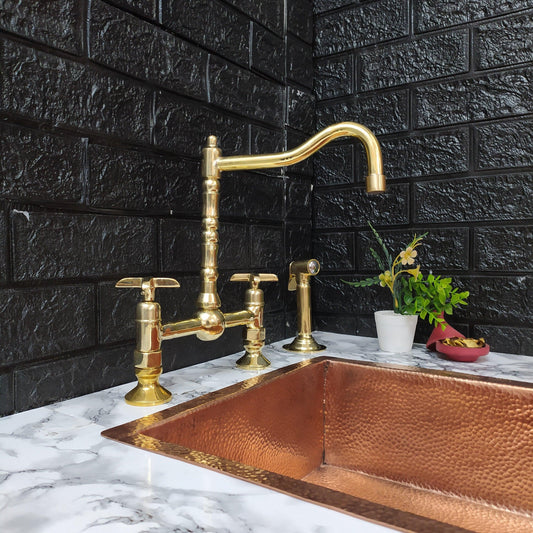 Unlacquered Brass Bridge Kitchen Faucet with Sprayer, Cold Water Tap, and Cross Handles - Ref: APC-92