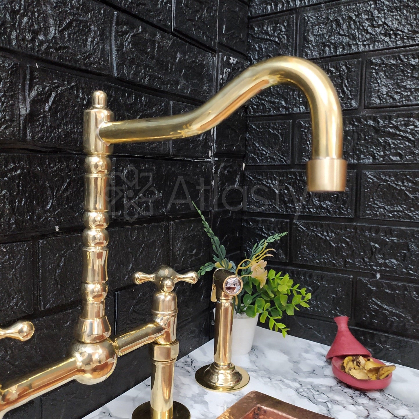Unlacquered Brass Bridge Kitchen Faucet with Sprayer, Cold Water Tap, and Cross Handles - Ref: APC-98