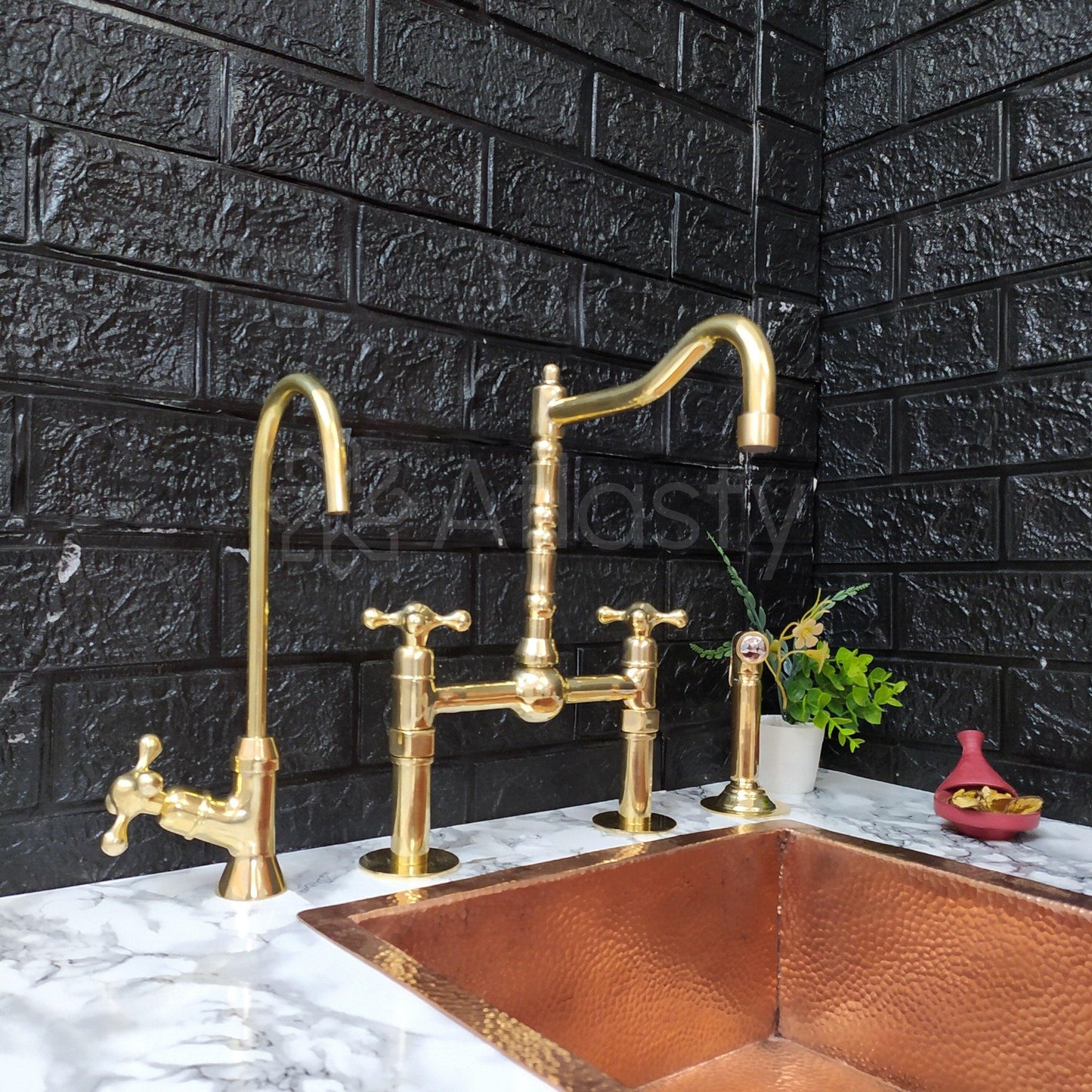 Unlacquered Brass Bridge Kitchen Faucet with Sprayer, Cold Water Tap, and Cross Handles - Ref: APC-98