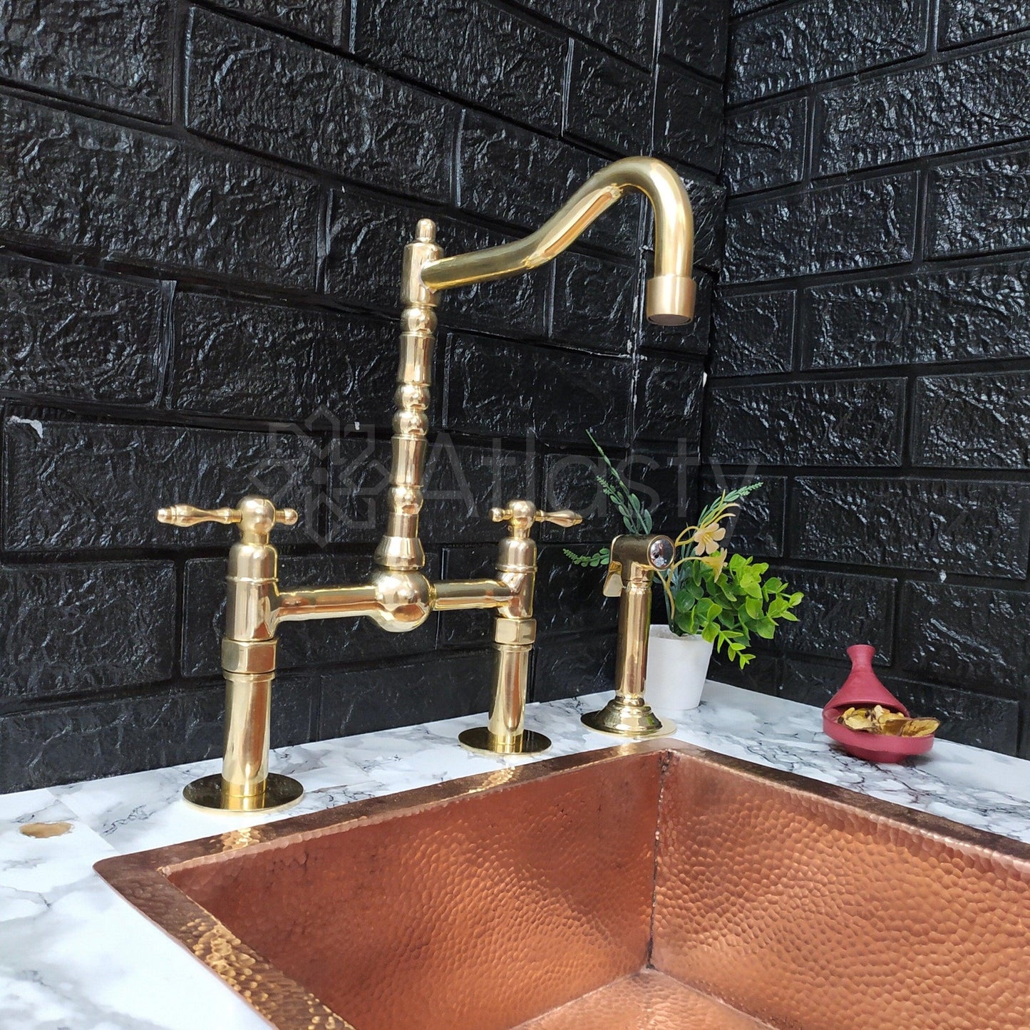 Unlacquered Brass Bridge Kitchen Faucet with Sprayer, Cold Water Tap, and Cross Handles - Ref: APC-98