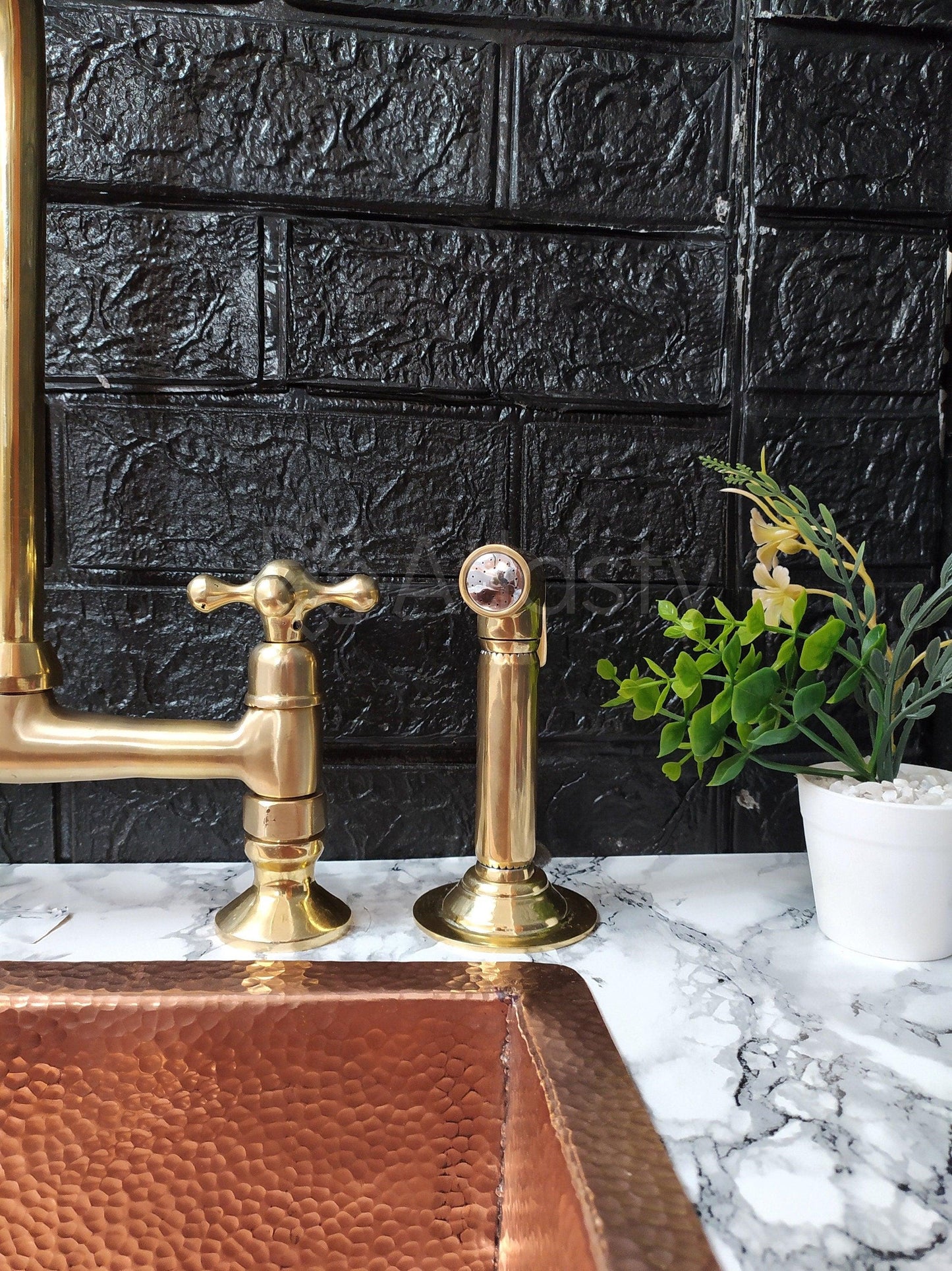 Unlacquered Brass Bridge Kitchen Faucet with Sprayer, Cold Water Tap, and Cross Handles - Ref: APC-91